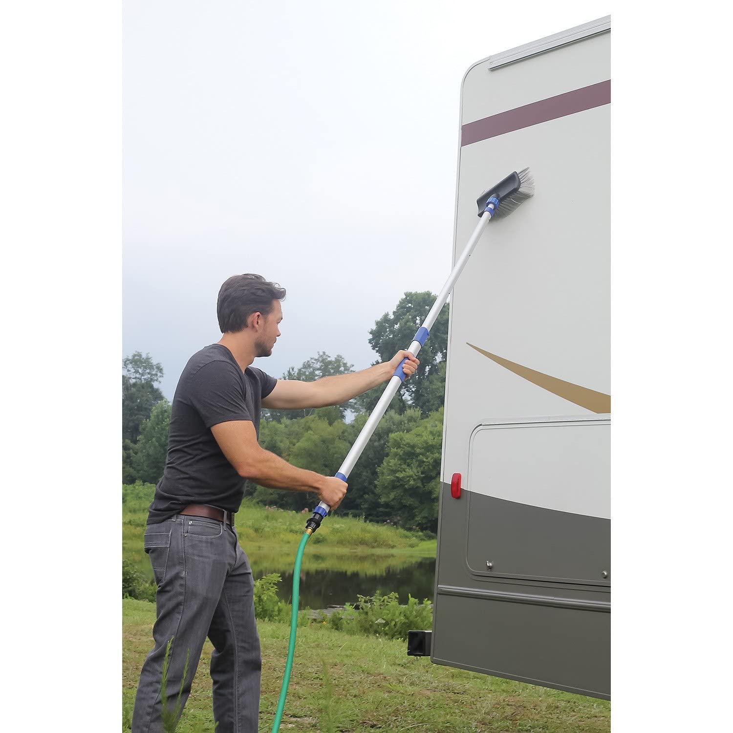 Camco Wash Brush Flow-Through with Push Button Telescoping Handle - Connect to Standard Water Hose to Clean Your Vehicle | Great for RV, Truck Boat and Car Washing - (41960)