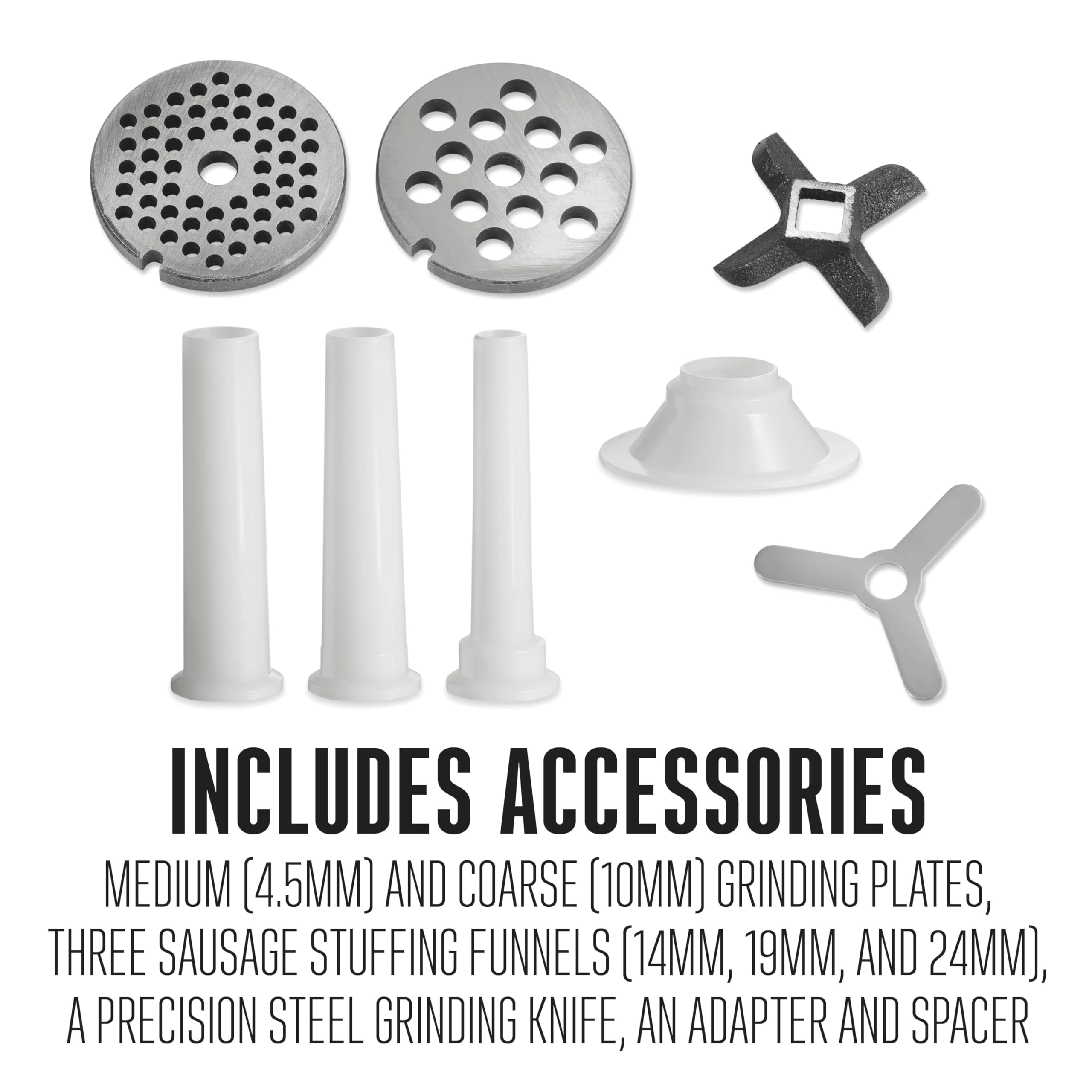 Weston Manual #10 Tinned Meat Grinder and Sausage Stuffer, 4.5mm & 10mm plates, + 3 sausage funnels, Silver