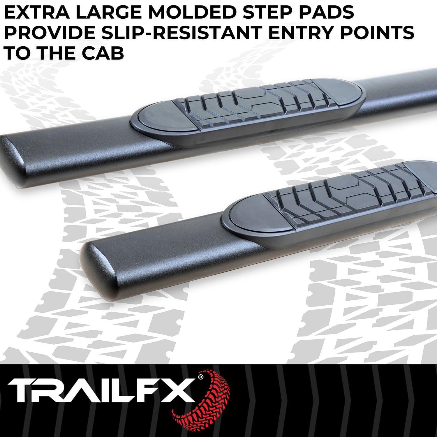 Trail FX 5 Inch Oval Straight Side Step Bars with Step Pads and Bed Step Fits 2024-2025 Toyota Tacoma Black Powder-Coated Steel Rocker Panel Mount Bolt On Installation TrailFX A7102T