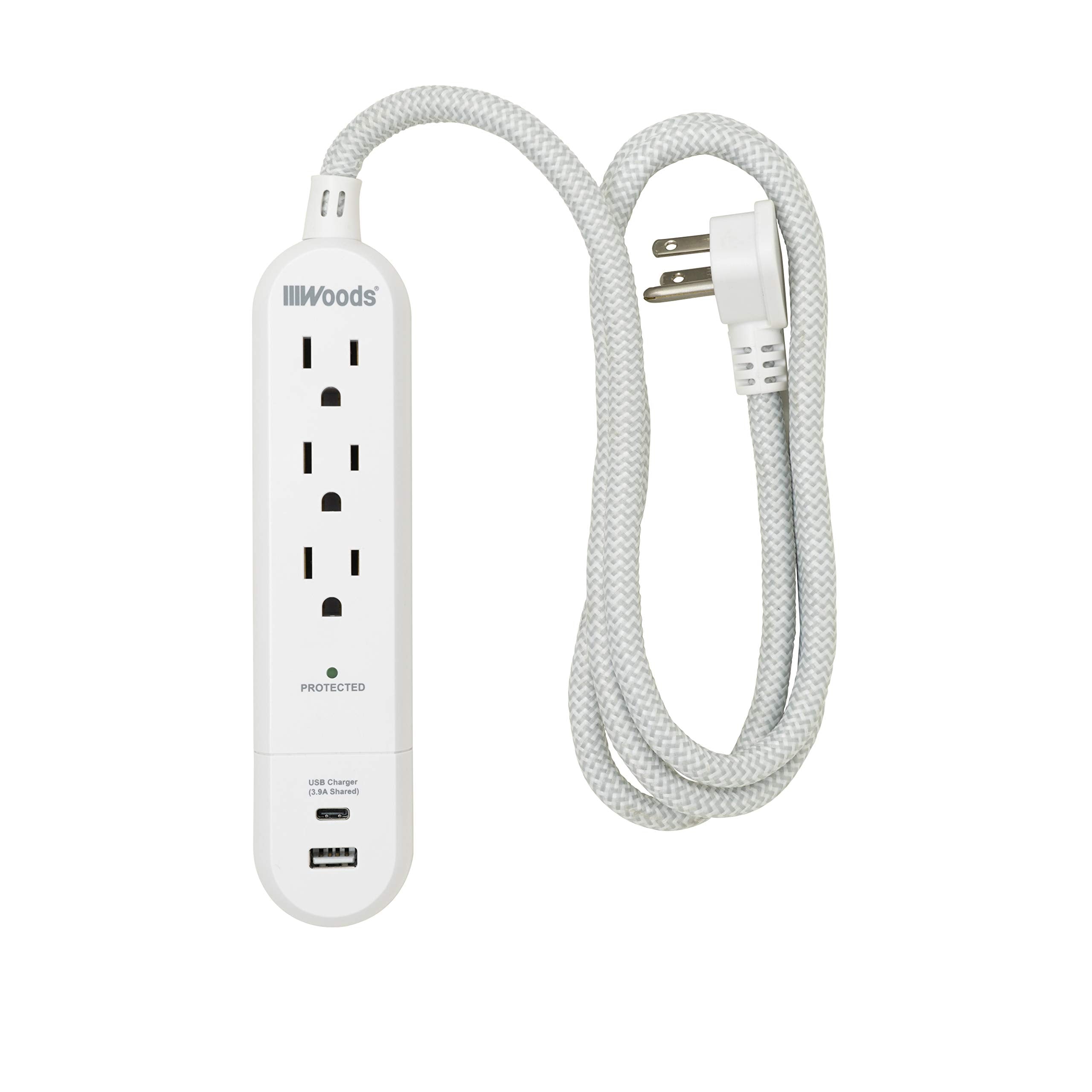 3-Outlet Surge Protector 41026 with 3.9A USB-A & USB-C Charger, 250 Joules of Surge Protection and 4' Braided Fabric Cord