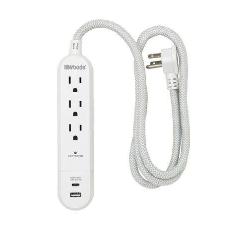 3-Outlet Surge Protector 41026 with 3.9A USB-A & USB-C Charger, 250 Joules of Surge Protection and 4' Braided Fabric Cord