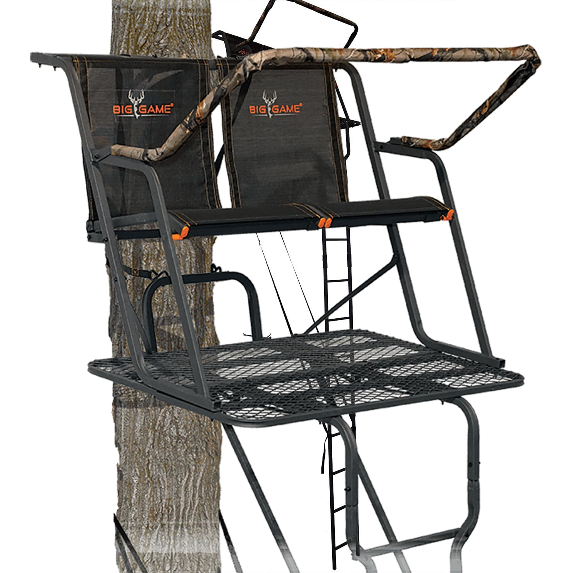 2-Person BIG GAME Ladder Tree Stand for Hunting Deer, Spector XT, 17' Tall, Black - Adjustable Climbing Treestand with Platform and Safety Harness for Shooting