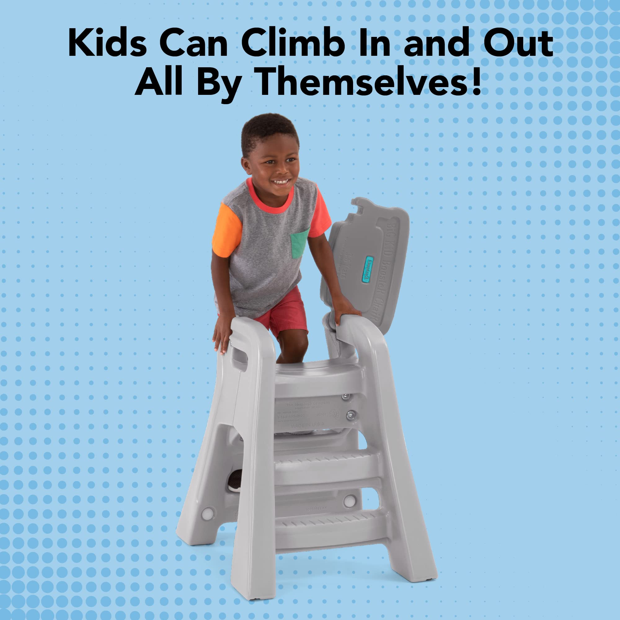 Simplay3 Booster Seat Big Kids, Lightweight Toddler Chair for Dining Table and Kitchen, Toddler Kitchen Helper, Made in USA Gray