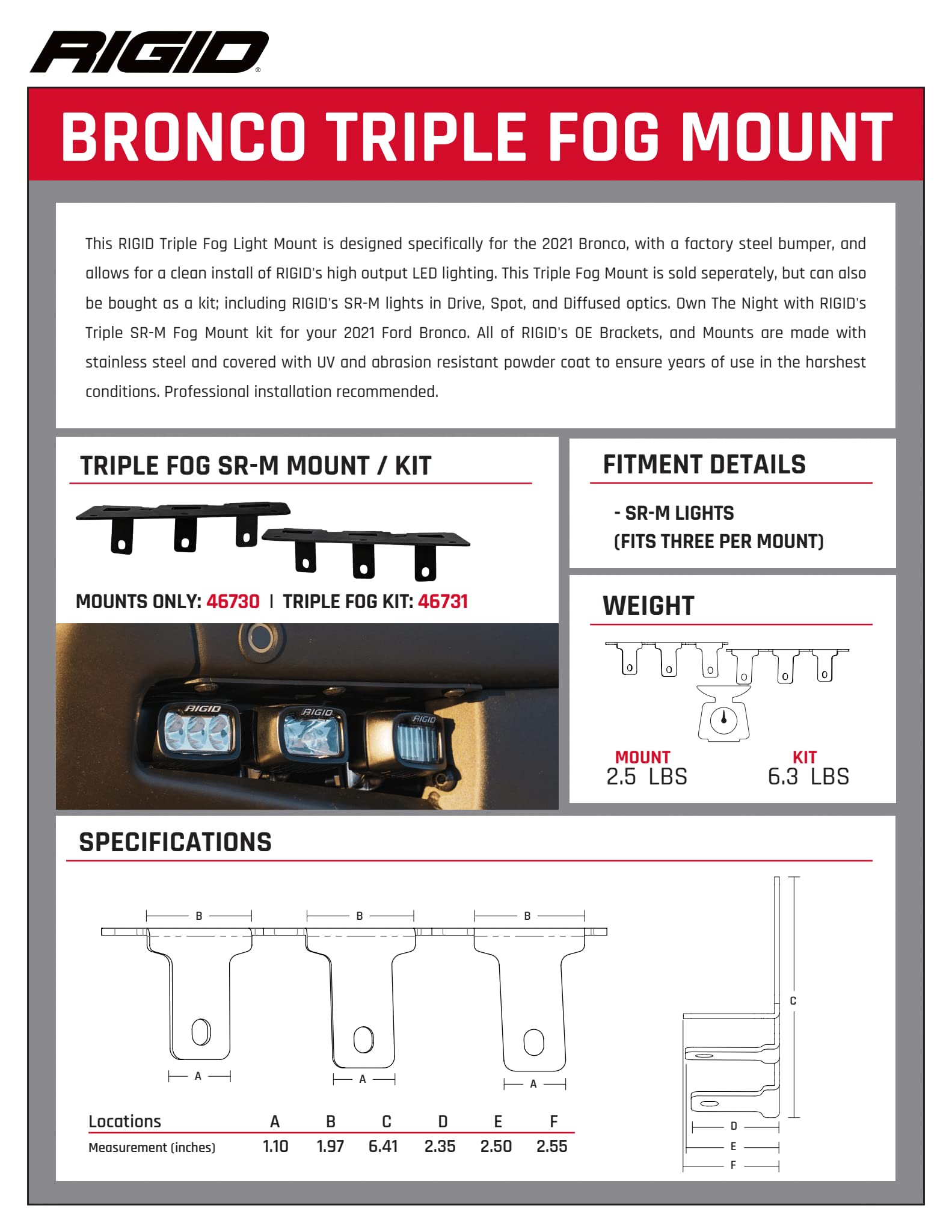 RIGID Triple 46731 SR-M Fog Light Bumper Mount KIT - FITS 2021 Ford Bronco Full Size, Includes 6 RIGID SR-M LED Lights