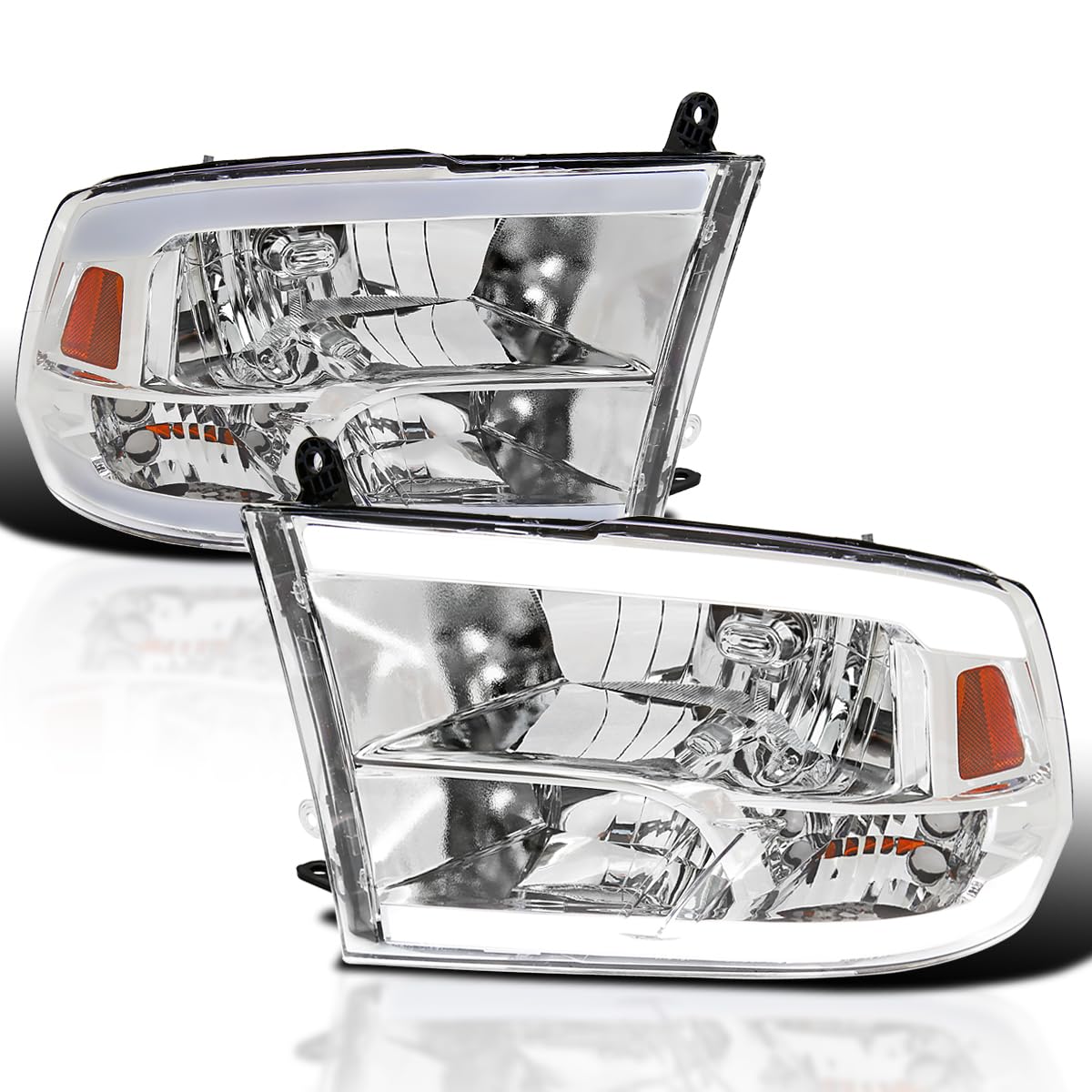 Chrome LED Strip SPEC-D TUNING Quad Style Headlights Compatible with 2009-2018 Dodge Ram 1500 2500 3500 Left + Right Pair Headlamps Assembly