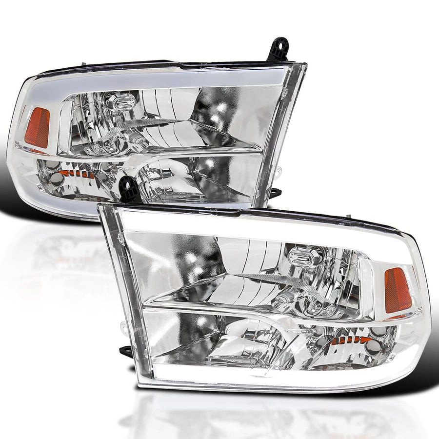 Chrome LED Strip SPEC-D TUNING Quad Style Headlights Compatible with 2009-2018 Dodge Ram 1500 2500 3500 Left + Right Pair Headlamps Assembly
