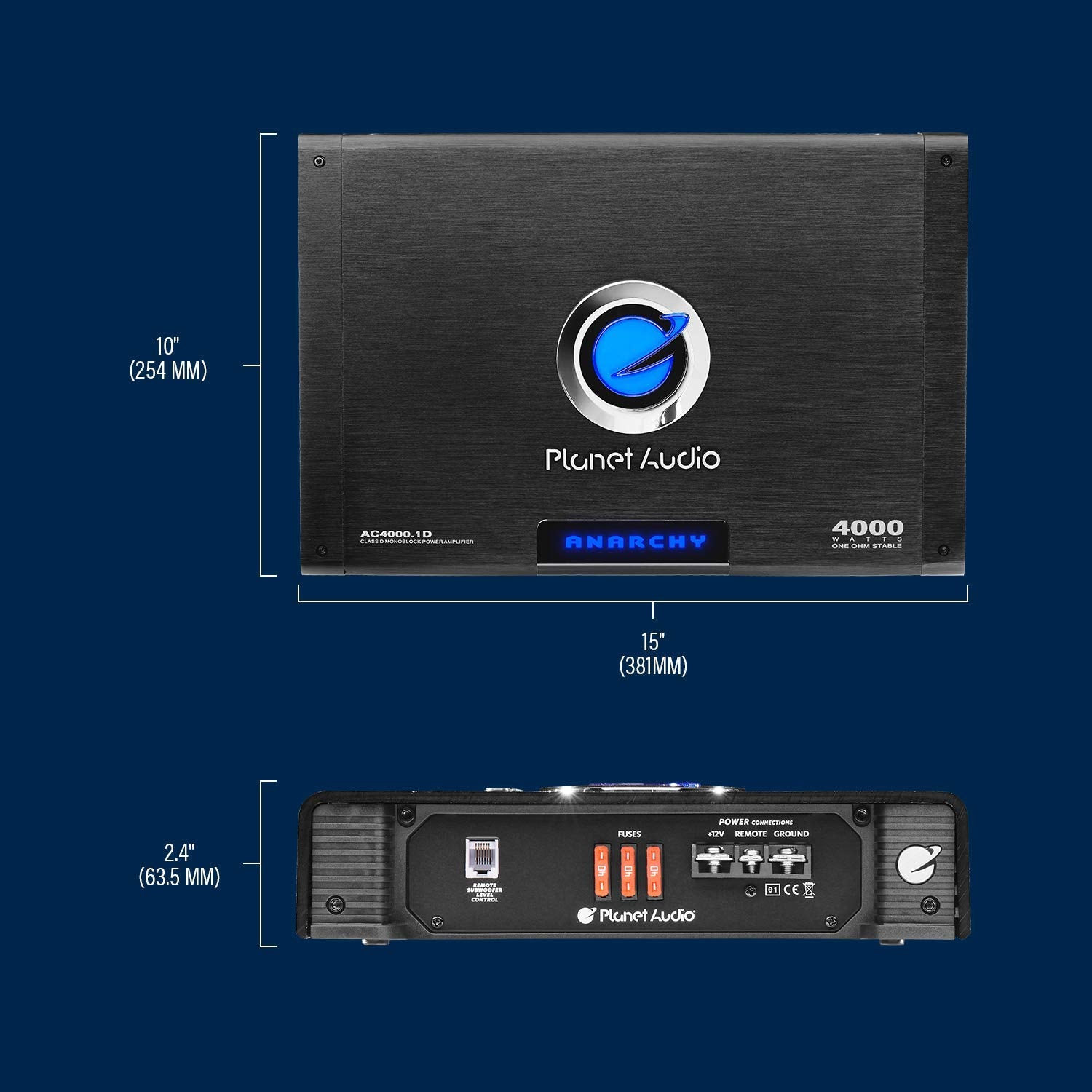 Planet Audio AC4000.1D Monoblock Class D Car Amplifier - 4000 High Output, 1 Ohm Stable, Low Level Inputs, Low Pass Crossover, Bass for Subwoofer
