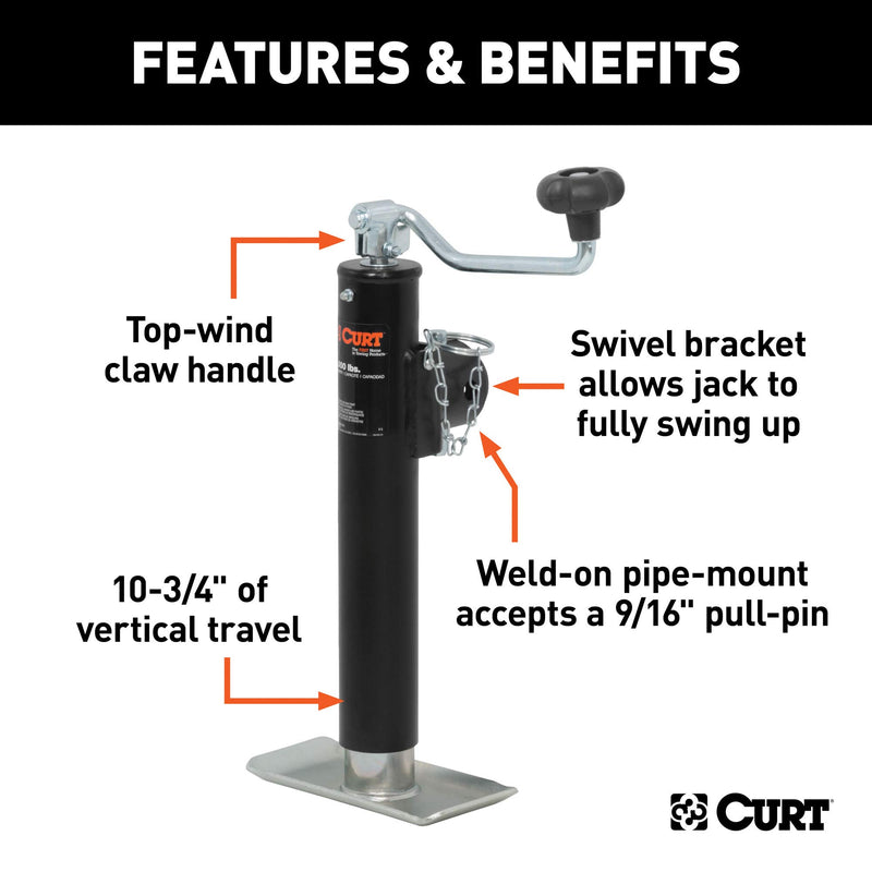 CURT Weld-On Pipe-Mount Trailer Jack, 3,000 lbs. Support Capacity, 10-3/4 Inches Vertical Travel