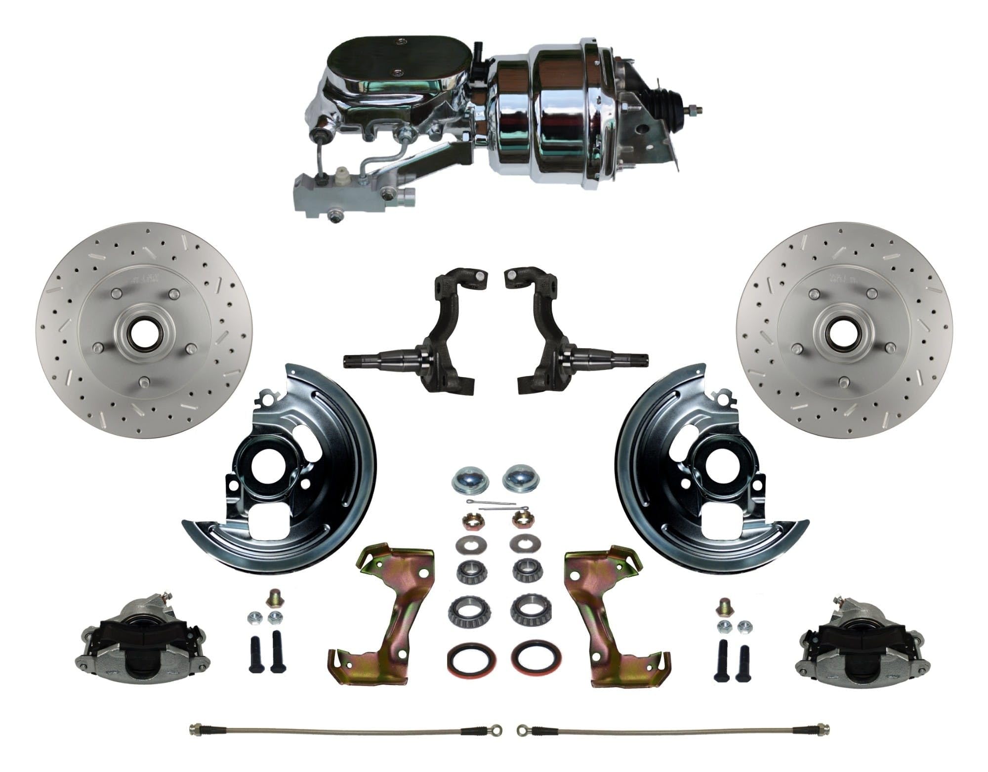 Power Front Disc Brake Conversion Kit LEED BRAKES Cross Drilled And Slotted Rotors With 7" Dual Chrome Booster Flat Top Chrome M/C Disc/Drum Side Mount