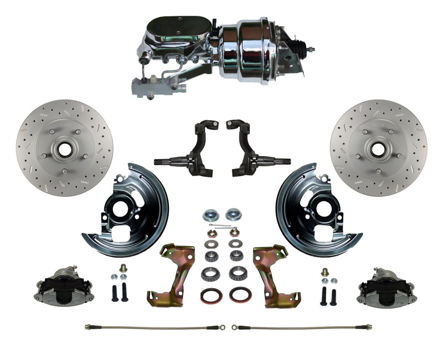 Power Front Disc Brake Conversion Kit LEED BRAKES Cross Drilled And Slotted Rotors With 7" Dual Chrome Booster Flat Top Chrome M/C Disc/Drum Side Mount