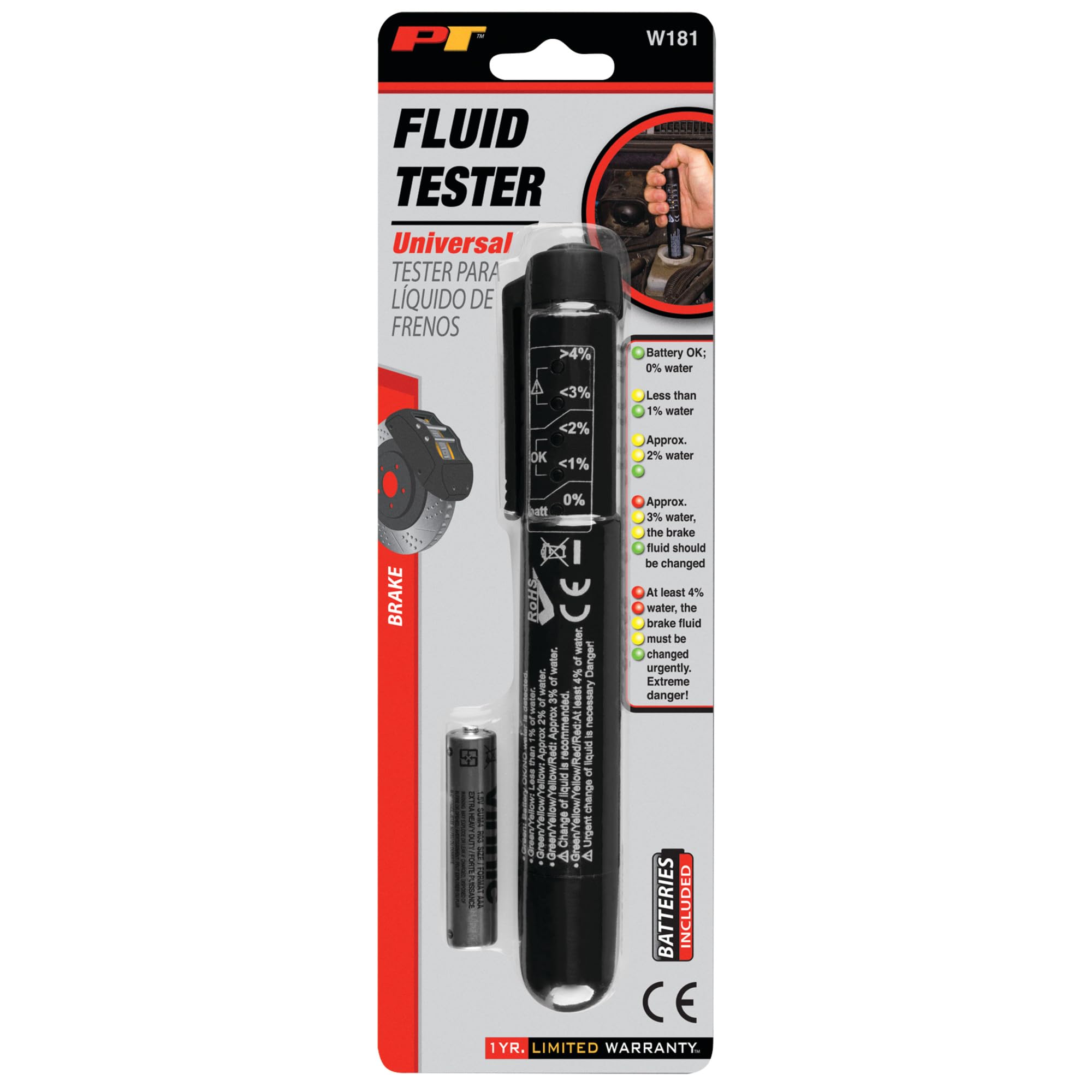 Brake Fluid Moisture Tester Performance Tool W181 - 5 LED Readout, Calibrated for DOT 4, Portable with AAA Battery Included, Not for use on DOT 5