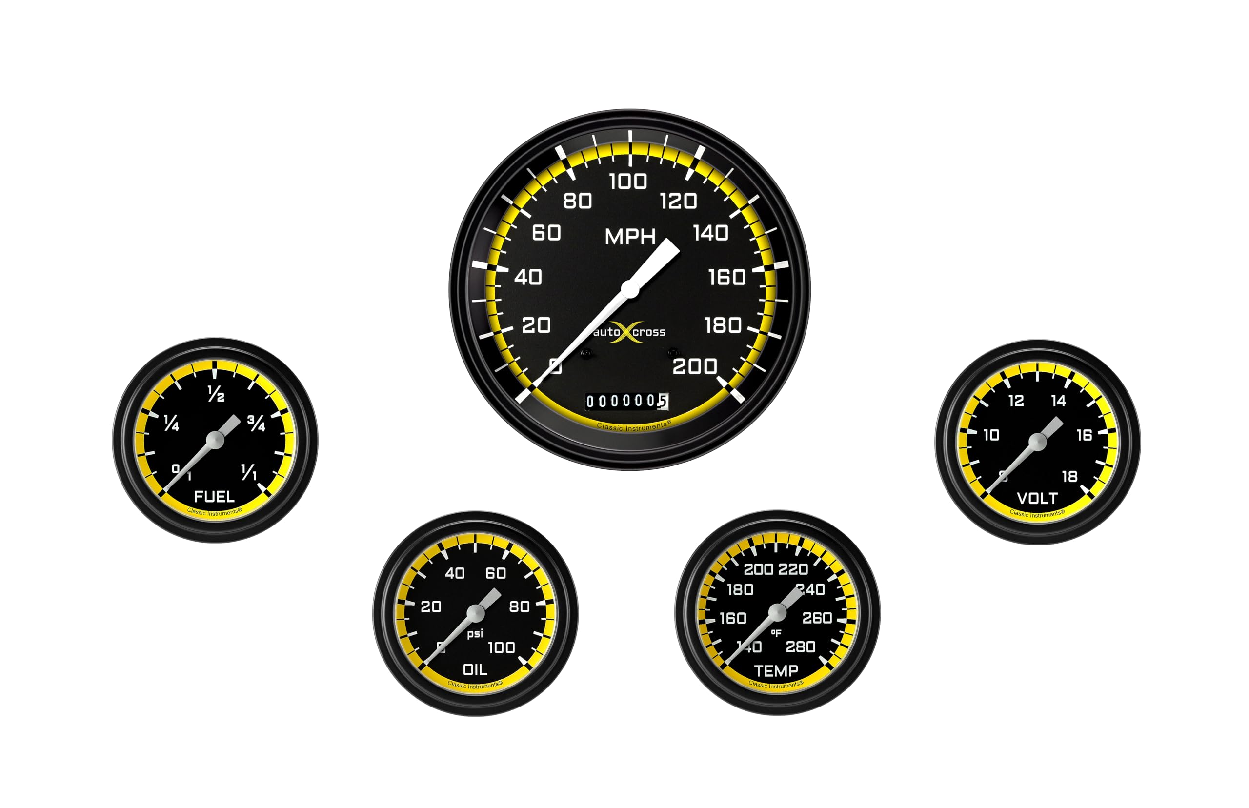 AX354YBLF Classic Instruments Autocross Yellow 2 5/8" Full Sweep 5 Gauge Set - GM