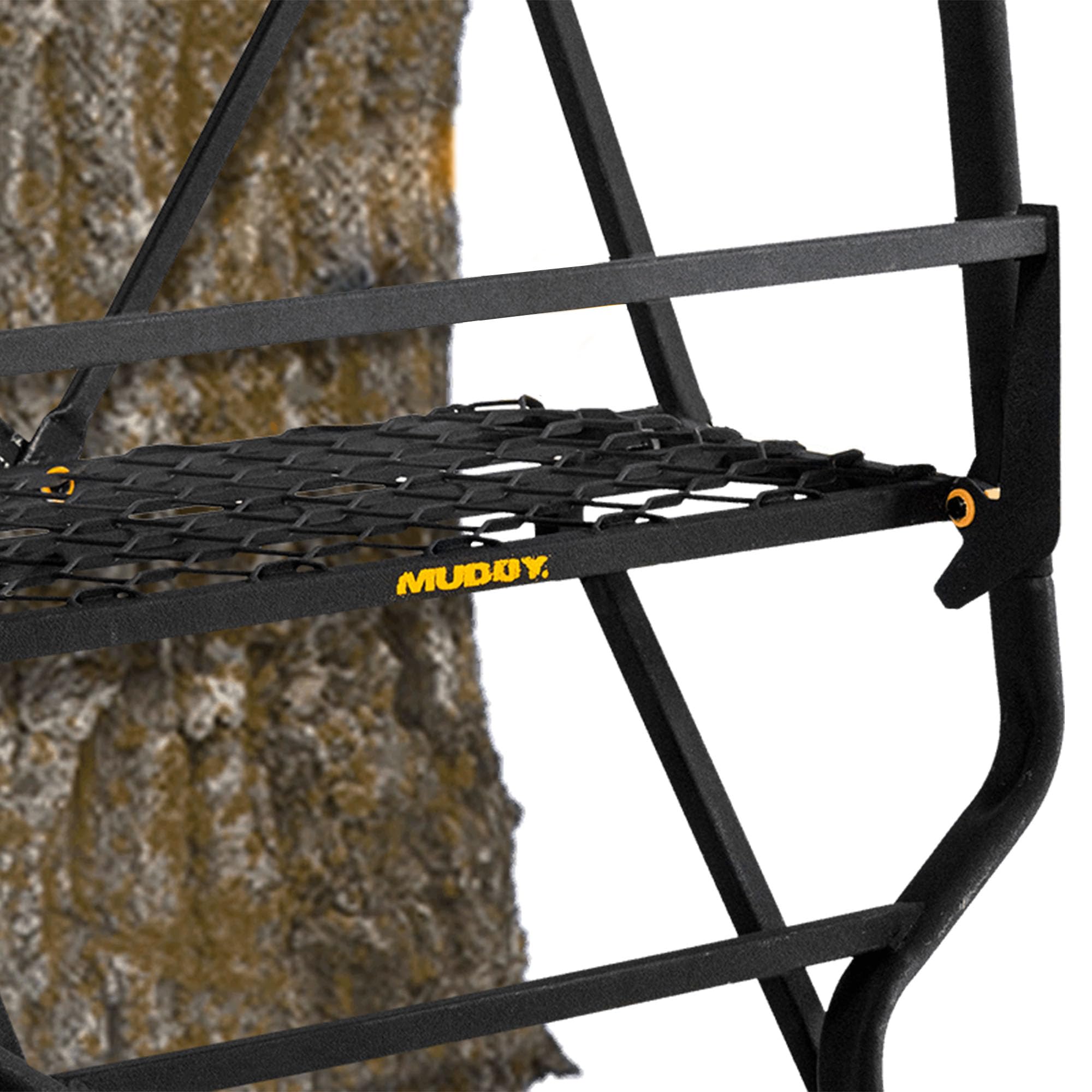 The Stronghold 1.5 MUDDY Deer Hunting Ladderstand, 21 Foot 1 Person Climbing Tree Stand with Lumbar Seat and Expanded D-Force Metal Platform