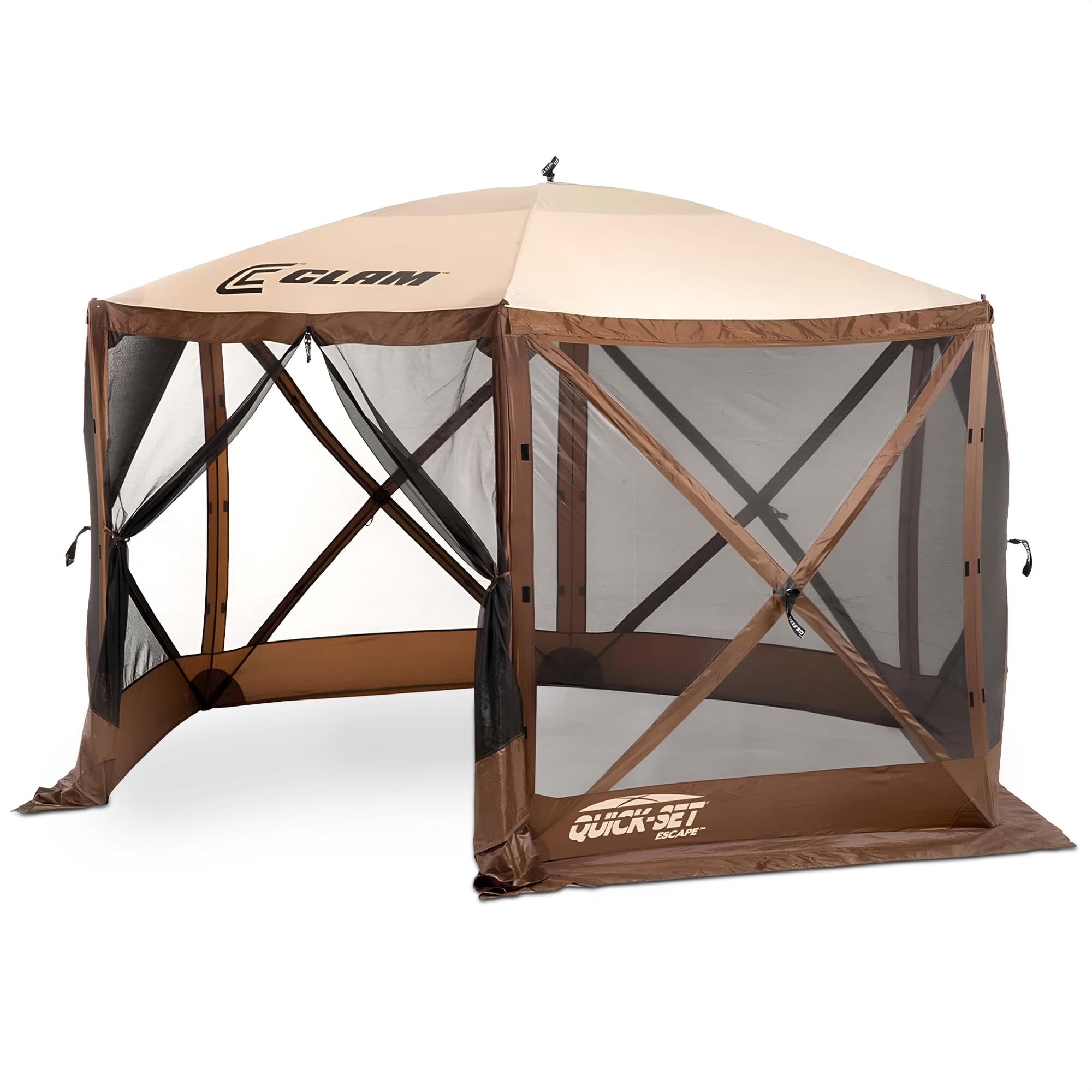 Pop Up CLAM Screen Tent, Outdoor Camping Gazebo Canopy, Escape, 11.5', Brown - Heavy-Duty Portable Screened Shelter with Netting for Beach, Patio, and Backyard