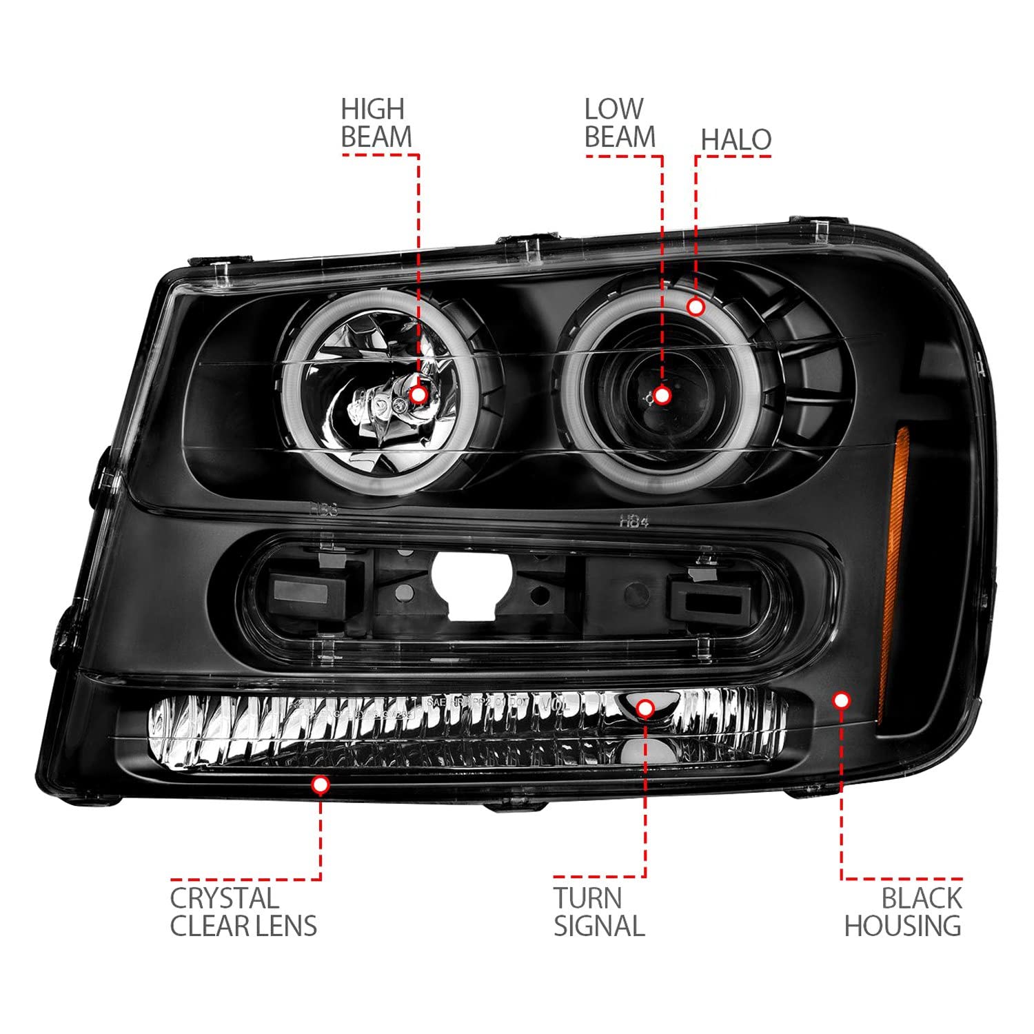 Projector Headlights ANZO - 02-09 Chevrolet Trailblazer (Will Not Fit 06-09 LT) w/Halo Black Housing (111572)