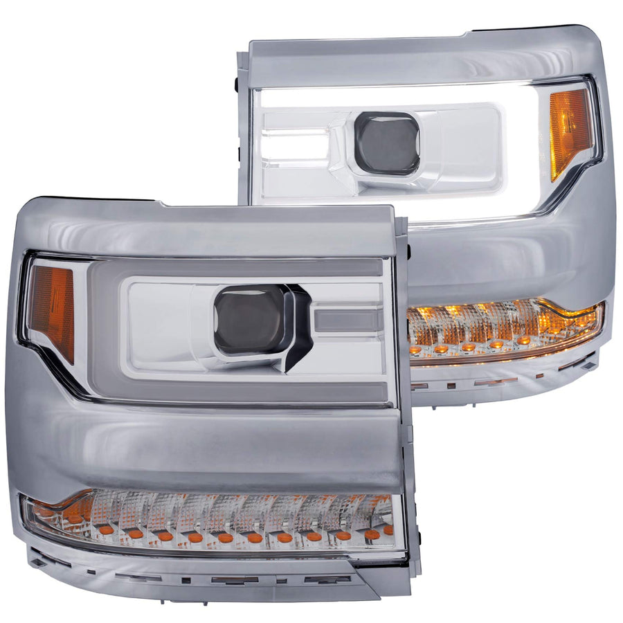 Projector Headlight Set Anzo USA 111374 Clear Lens Chrome Housing Amber Reflector Pair w/Plank Style Back Not For Use w/Factory LED Headlights w/o HID Kit