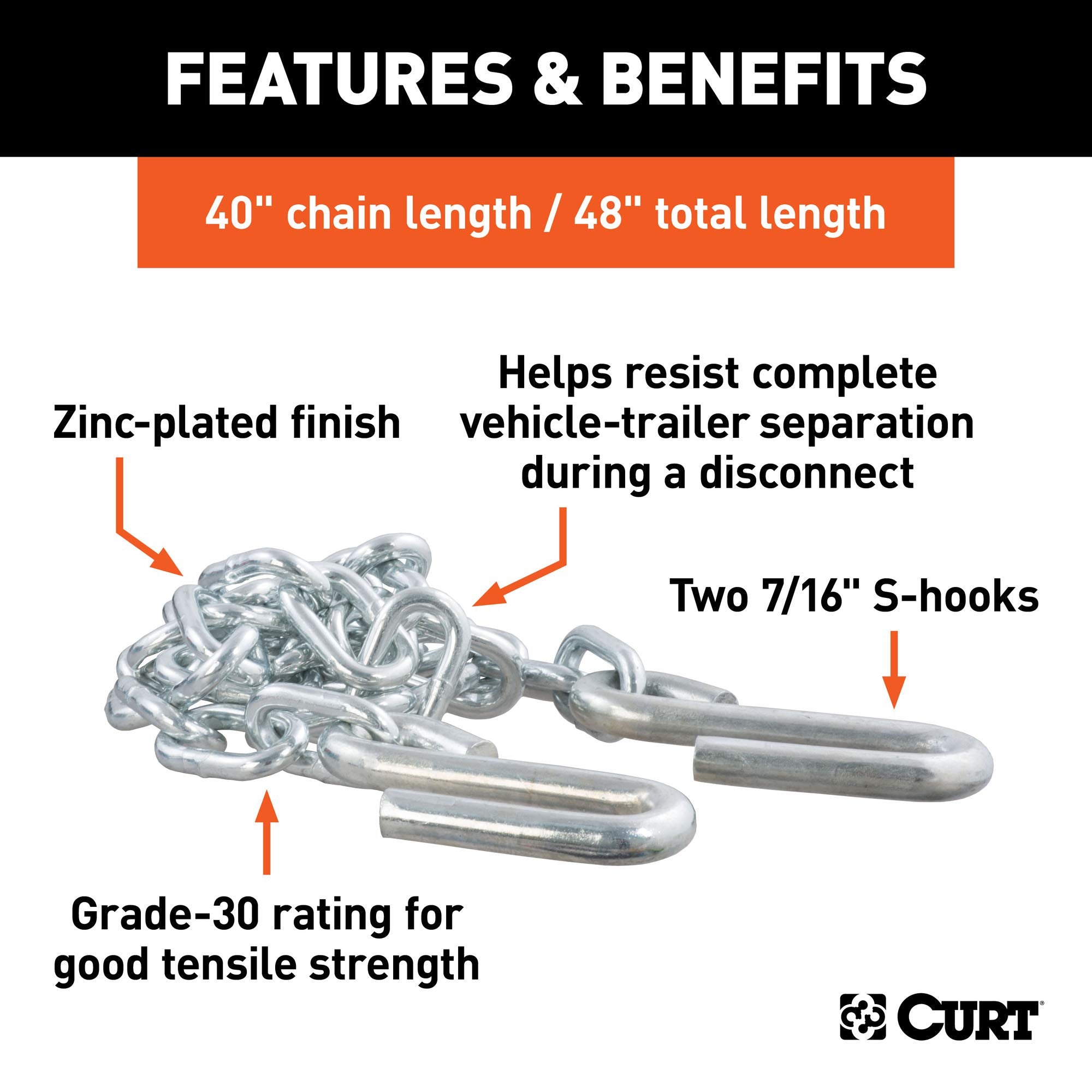 CURT 48-Inch Trailer Safety Chain with 7/16-In S-Hooks, 5,000 lbs Break Strength 80031