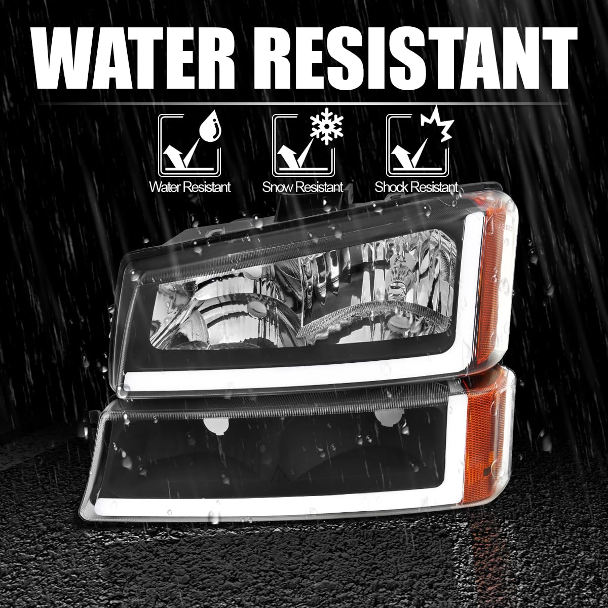 Black LED Bar Headlights Spec-D Tuning Compatible with 2003-2007 Chevy Silverado, Left + Right Pair Headlamps Assembly