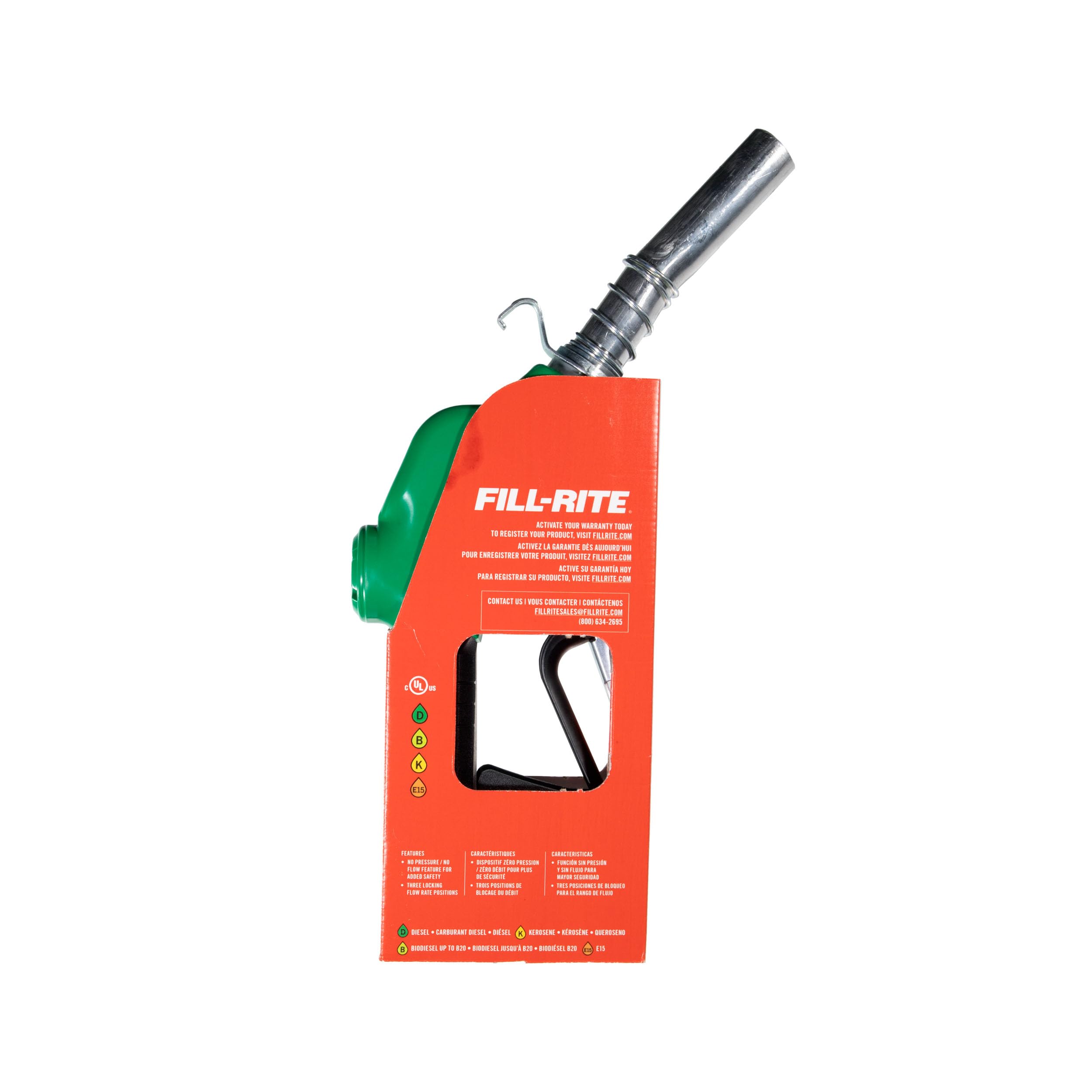N100DAU13G Fill-Rite 1" 5-40 GPM (19-150 LPM) Ultra High Flow Automatic Nozzle - Compatible with Gasoline, Diesel, Biodiesel up to B20, E15 & Kerosene - Green