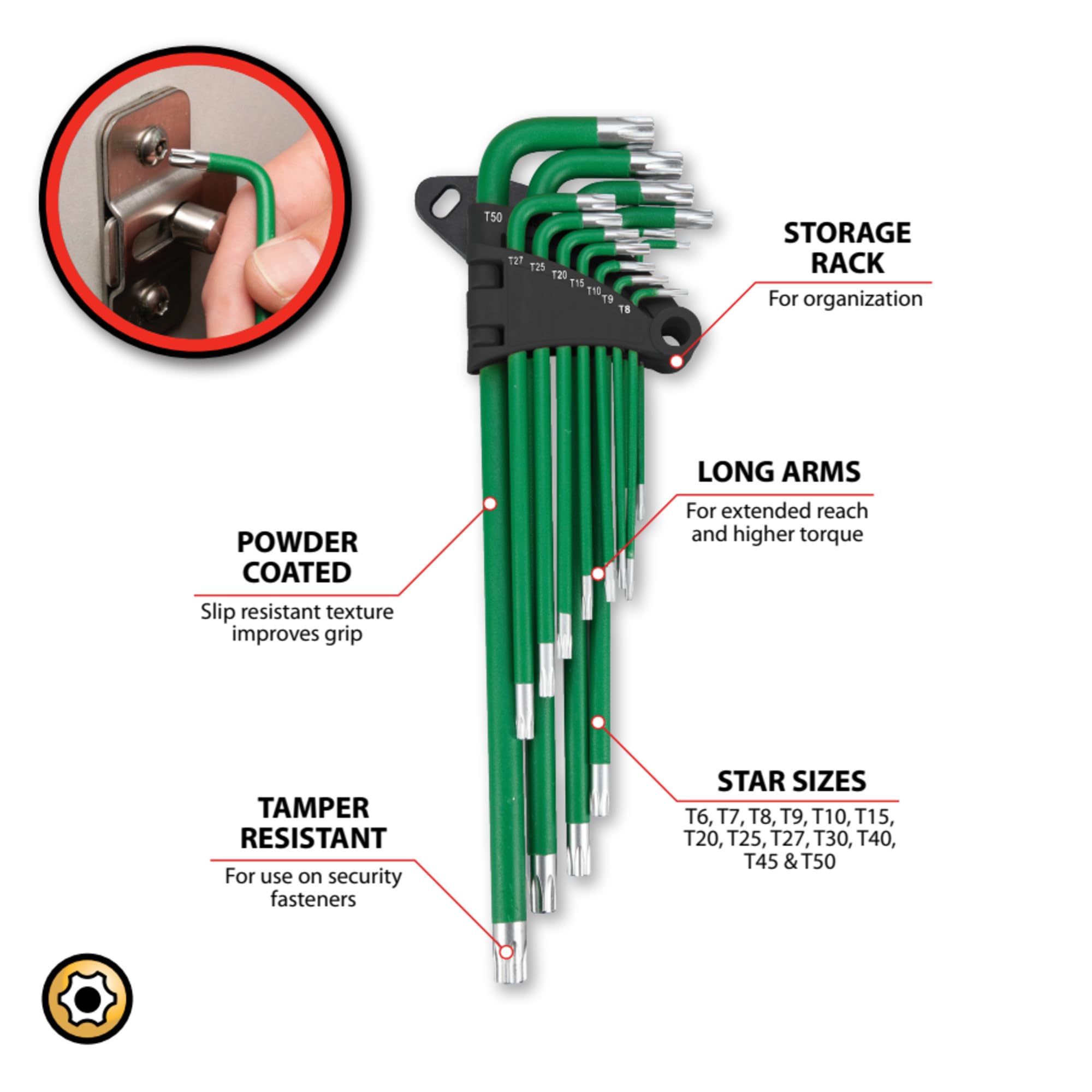 W80200 Performance Tool 13 Pc. Long Arm Star Key Set - For Star and Star Security Fasteners, Powder-Coated, Storage Organizer, Long Reach, Green