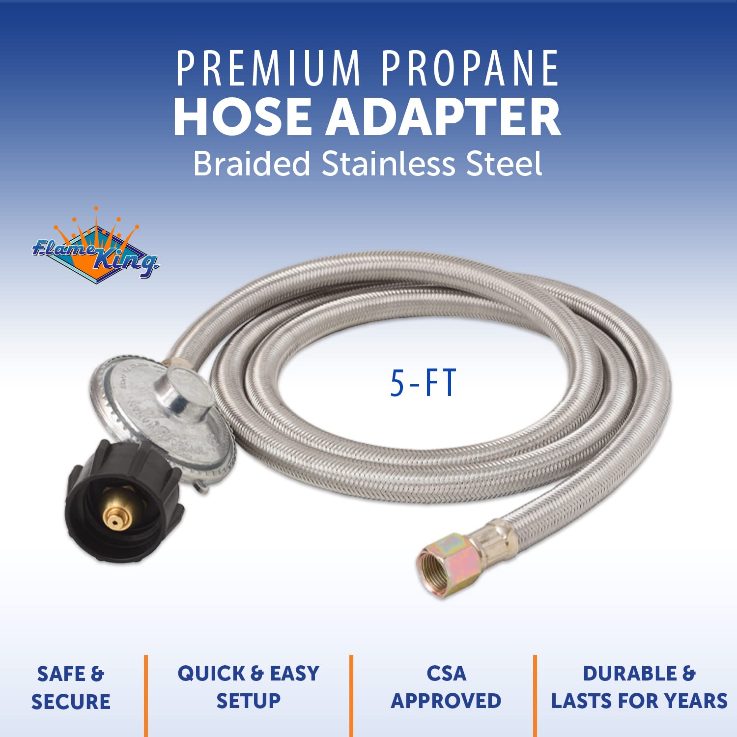 5-FT Flame King Universal QCC1 Low-Pressure Propane Regulator with Stainless Steel Braided Hose for Most LP Gas Grills, Heaters, and Fire Pit Tables, 3/8" Female Flare Nut