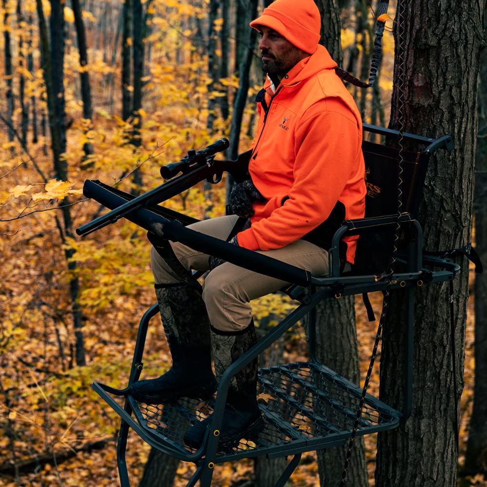 Rivers Edge 1-Man Jumbo Jack Ladder Stand, RE658, 17’1” Height, Wide Flip-Up TearTuff Mesh Seat, Jumbo Platform, Flip-Out Footrest, 2-Way Adjustable Shooting Rail