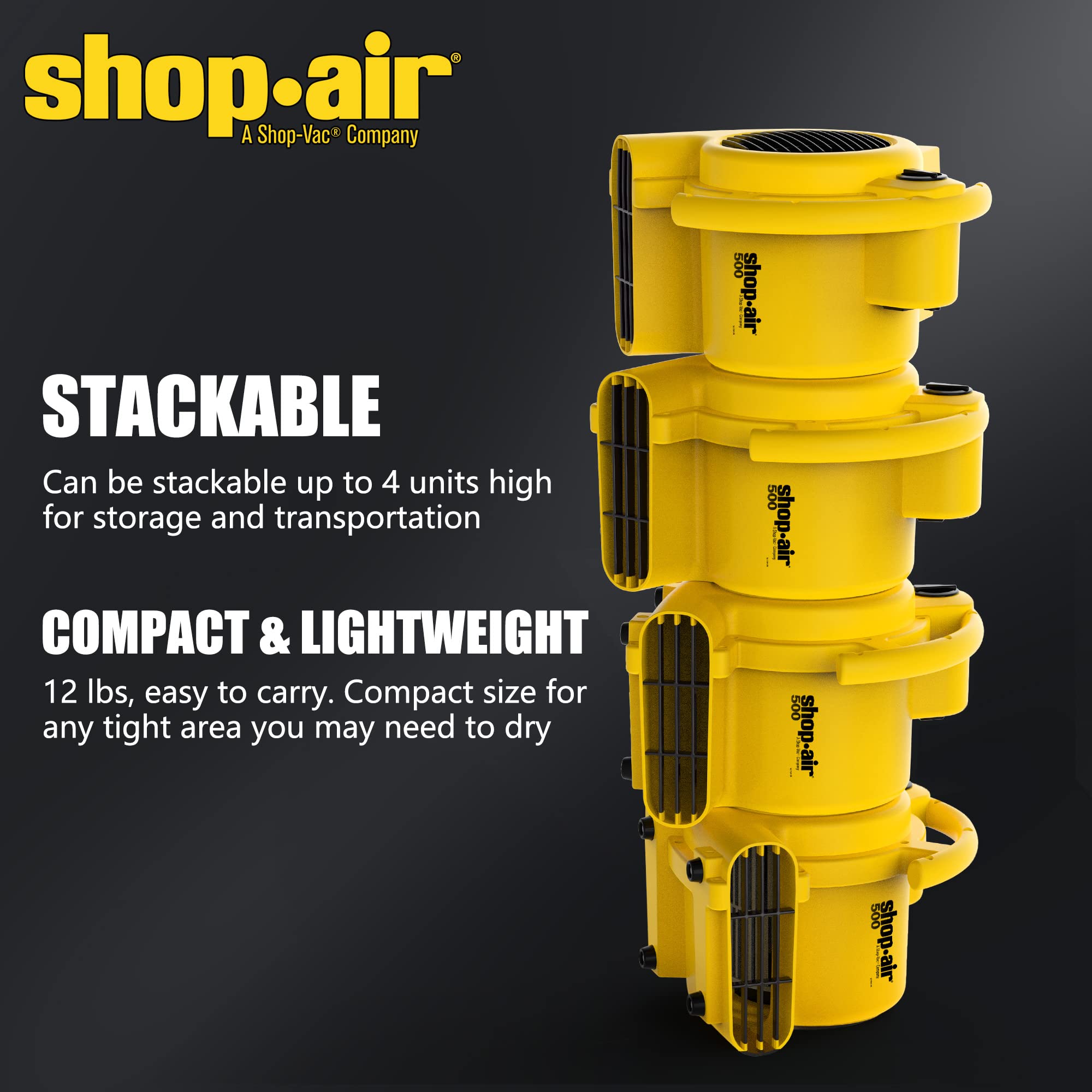 Shop-Vac 3-Speed Shop-Air 500 CFM Air Mover, Floor Carpet Dryer, Blower Fan, Heavy Duty Stackable Design, for Restoration and Janitorial Use (1-Pack)