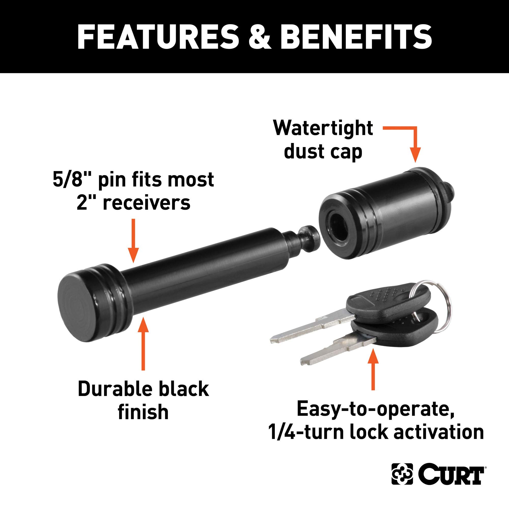 CURT Black Trailer Hitch Lock 23518, 5/8-Inch Pin Diameter, Fits 2-Inch Receiver