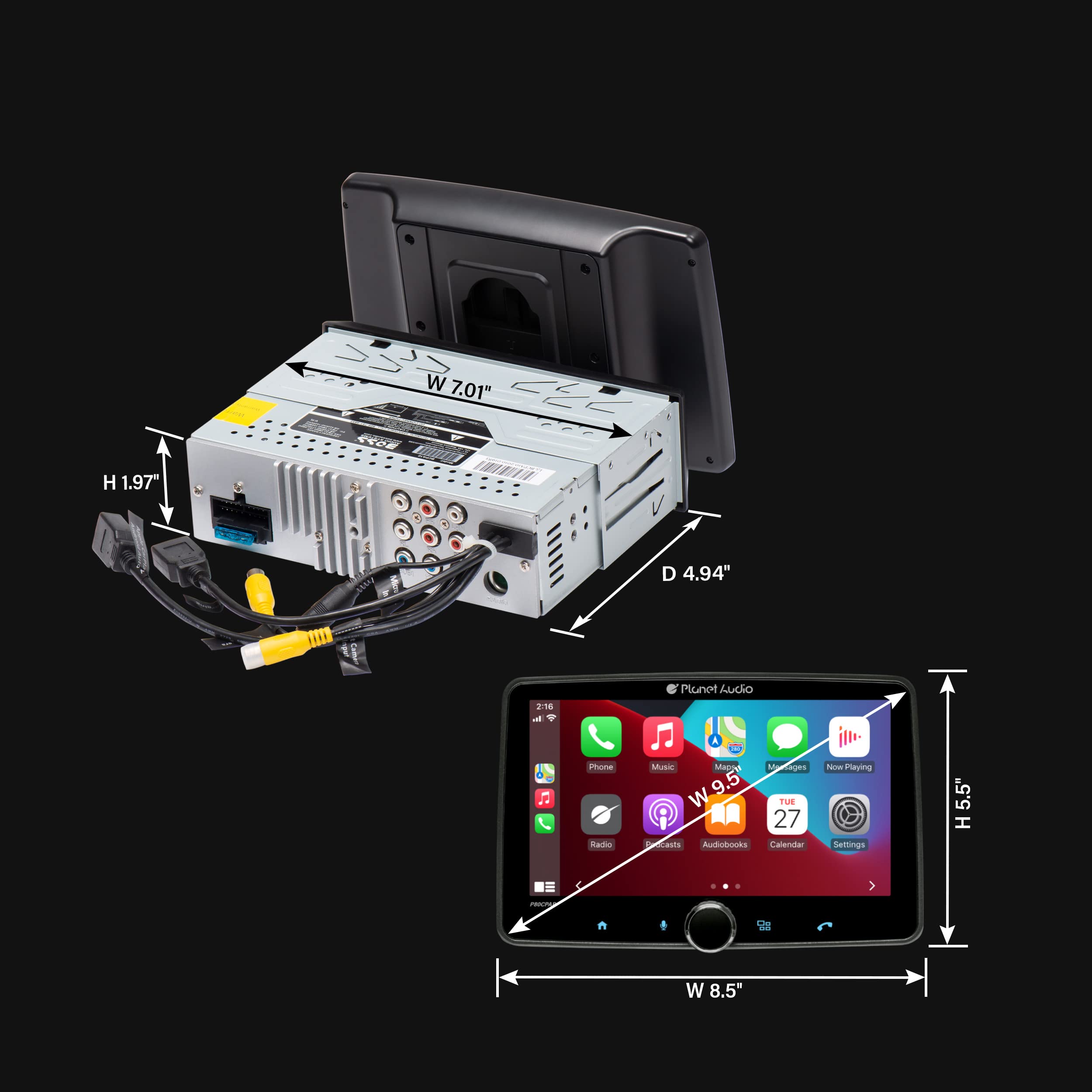 Car Stereo System Planet Audio P80CPAC, Apple CarPlay, Android Auto - Single Din, 8 Inch Touchscreen, Bluetooth Audio and Calling Head Unit, AM/FM Radio Receiver, No CD Player, USB, Hook to Amplifier