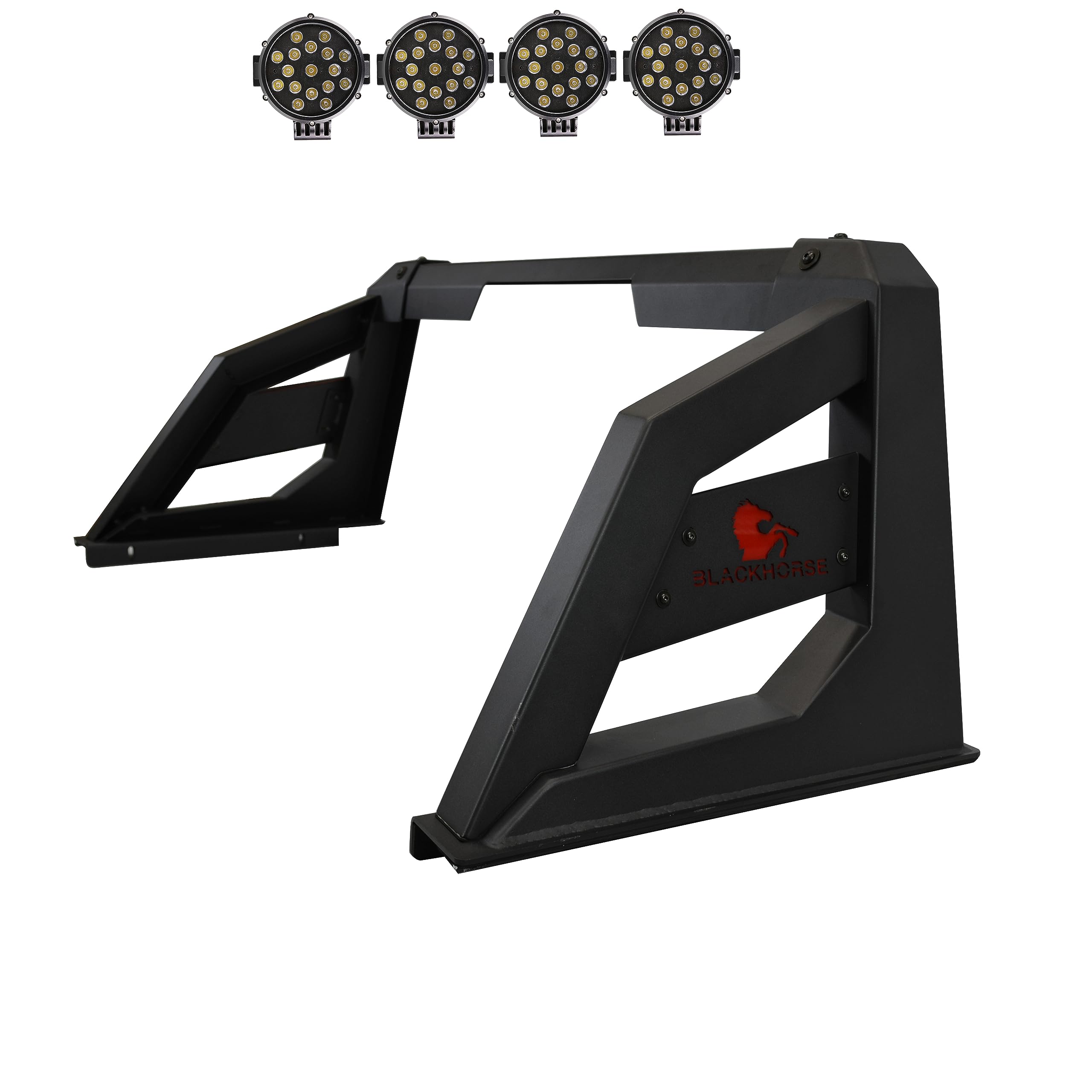 Armour Roll Bar Black Horse incl. Pair of 7.0" Dia. LED Lights w/Black Trim Rings Matte Black Compatible with 2005-2021 Nissan Frontier-ARB-NIFRB-PLB