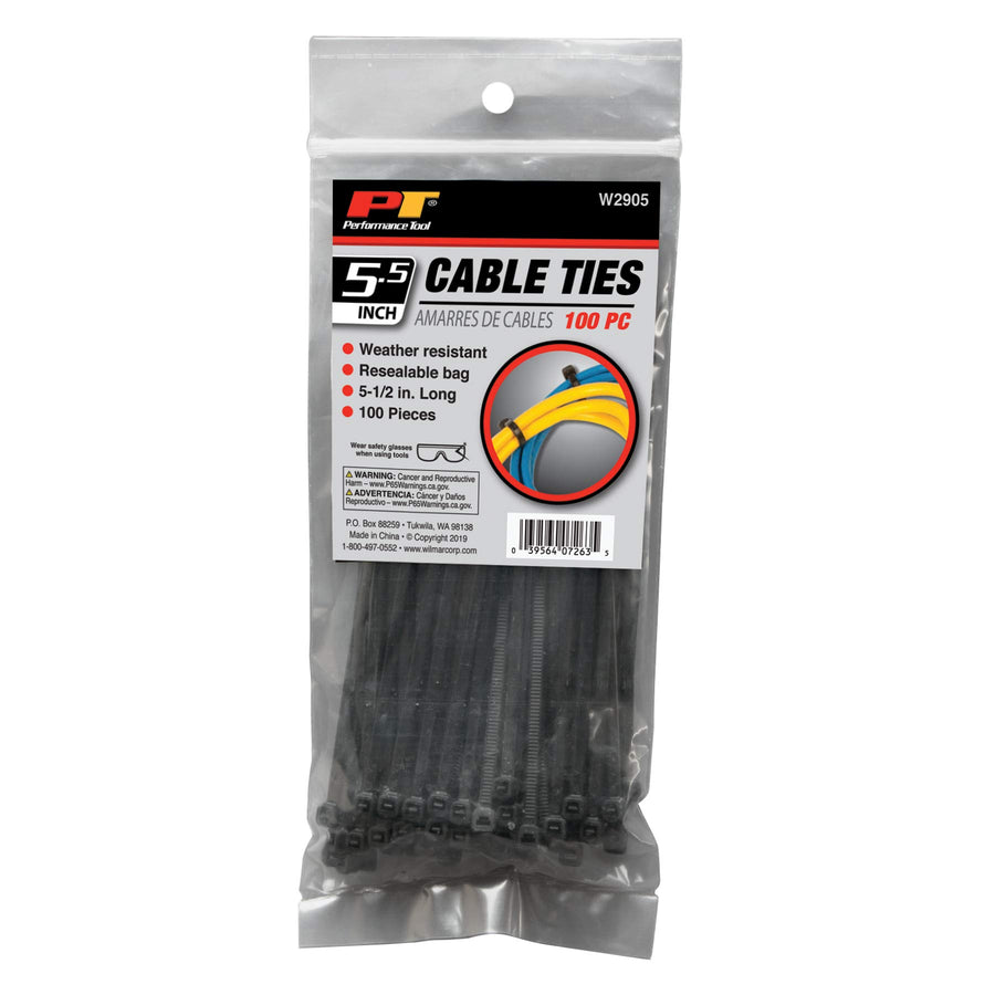 W2905 Performance Tool 100pc 5.5-Inch Cable Tie, Black With Tensile Strength 40 Lbs