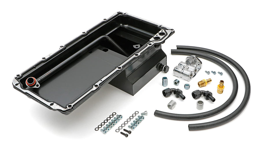 LS SWAP OIL PAN/FILTER RELOCATION KIT - TRANS-DAPT PERFORMANCE; SINGLE FILTER; HORIZONTAL PORT; BLACK PAN (0181)