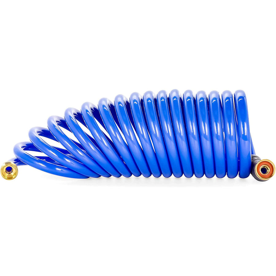 20’ Coiled Water Hose Camco | Rust Resistant with Brass Fittings | Features a 1/2-inch ID (41983), Blue