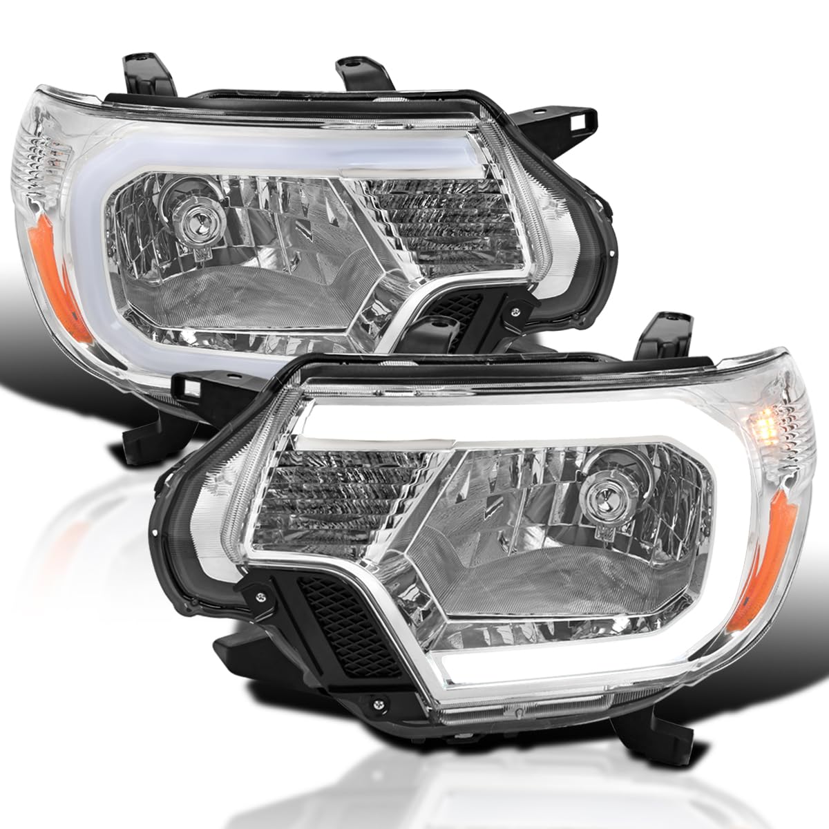 Chrome Headlights w/LED Strip SPEC-D TUNING Compatible with 2012-2015 Toyota Tacoma, Left + Right Pair Headlamp Assembly