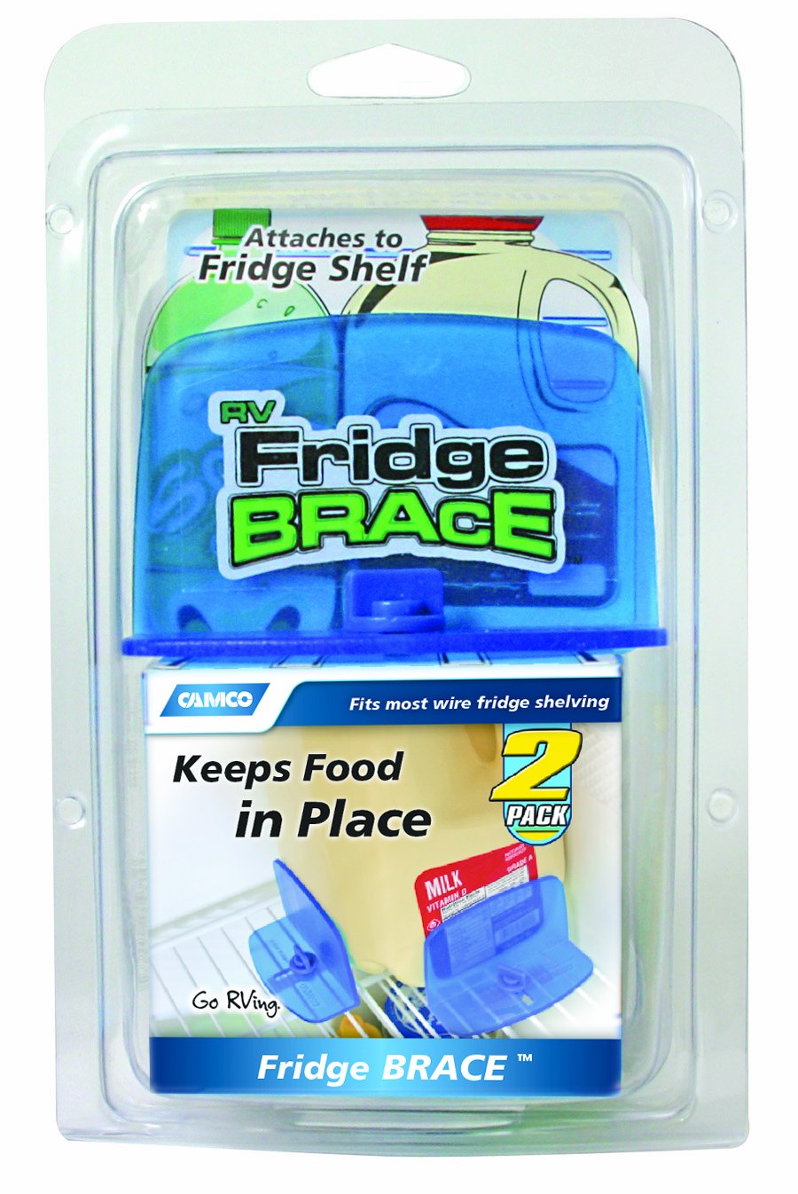 Camco Fridge RV Brace -Holds Food and Drinks in Place During Travel, Prevents Messy Spills Perfect for RVs, Boats, Camping and More - (2 Pack) (44033), Blue