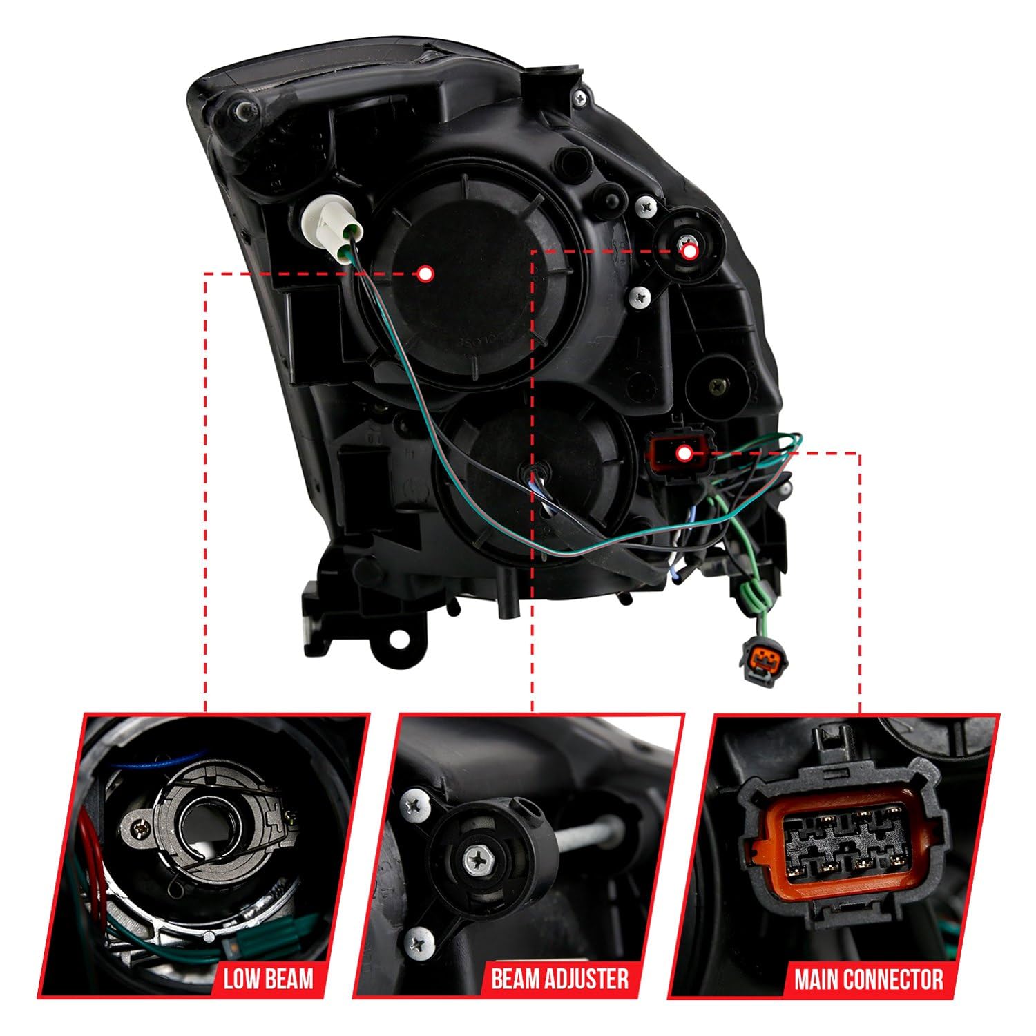 2003-2007 Infiniti G35 ANZO (121557) Projector Headlight Plank Style Black (HID Compatible, No HID Kit)