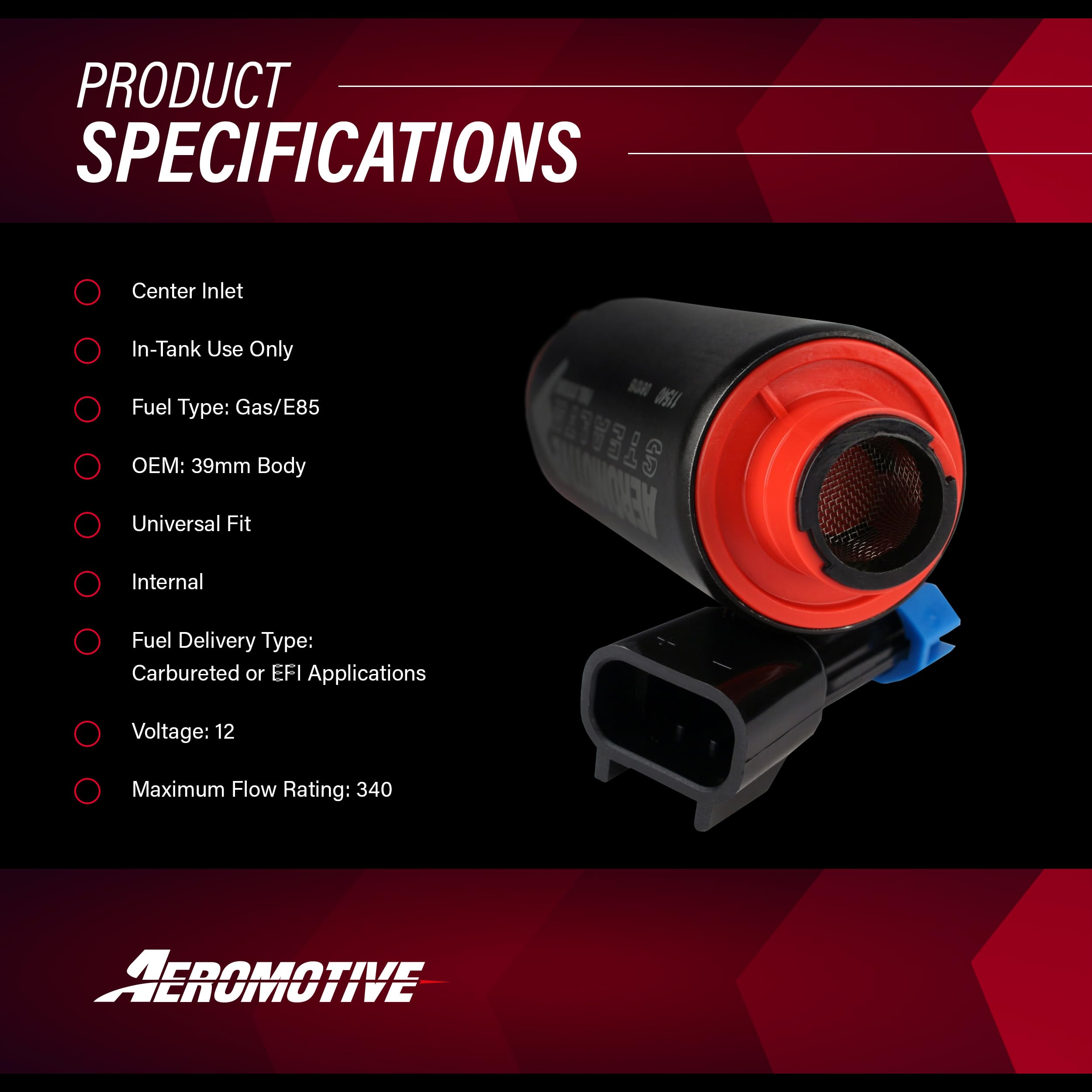 340 Series Aeromotive Stealth Intank Fuel Pump, High Horsepower, 12V Electric, EFI and Carbureted Engines, Gas or E85 Fuel Type, Center Inlet