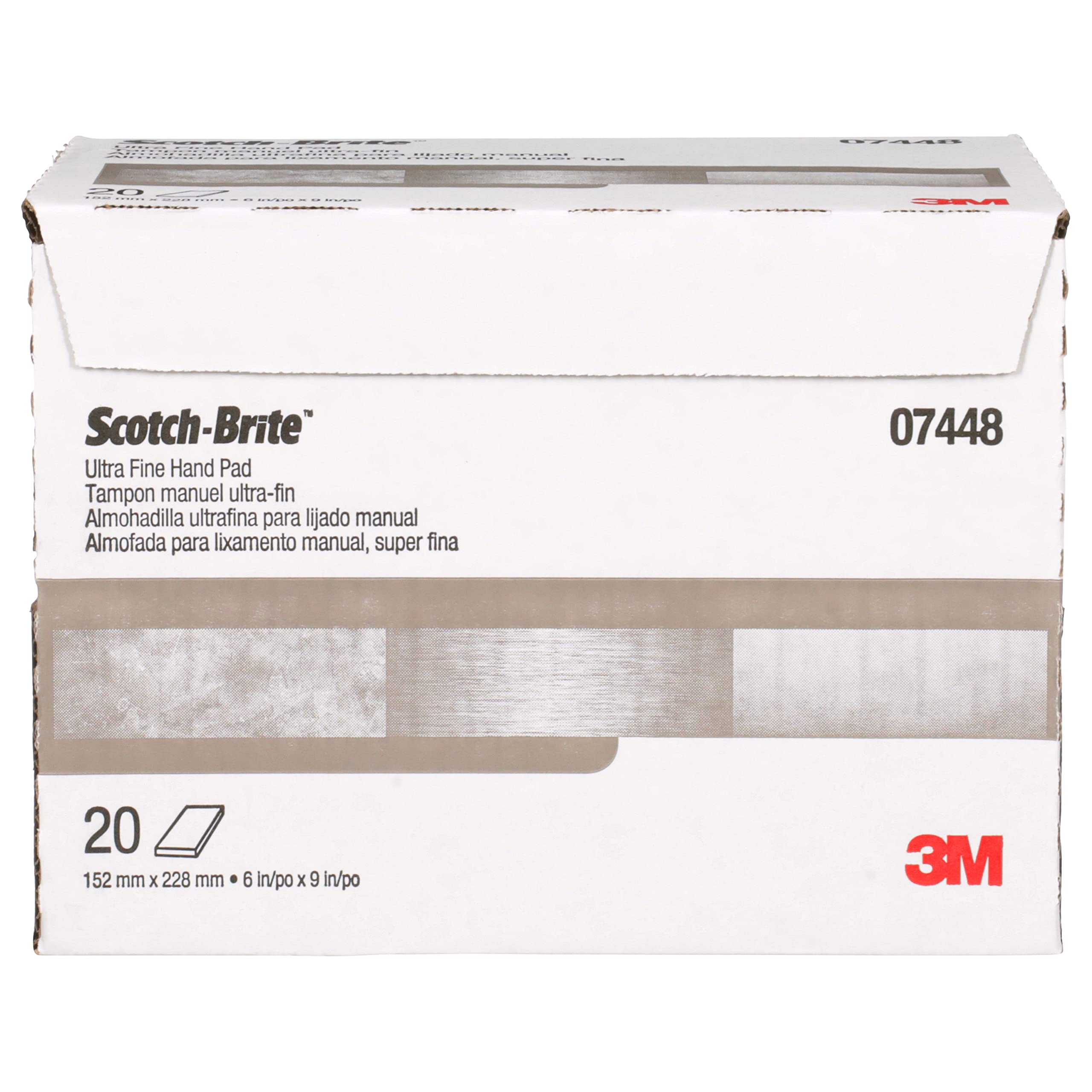 3M Ultra Fine Grade Scotch-Brite Hand Pad 07448, Case of 20, 6 in x 9 in Hand Pads, Nonwoven Silicon Carbide, Surface Preparation, Scuffing, and Cleaning, Gray (Pack of 20)