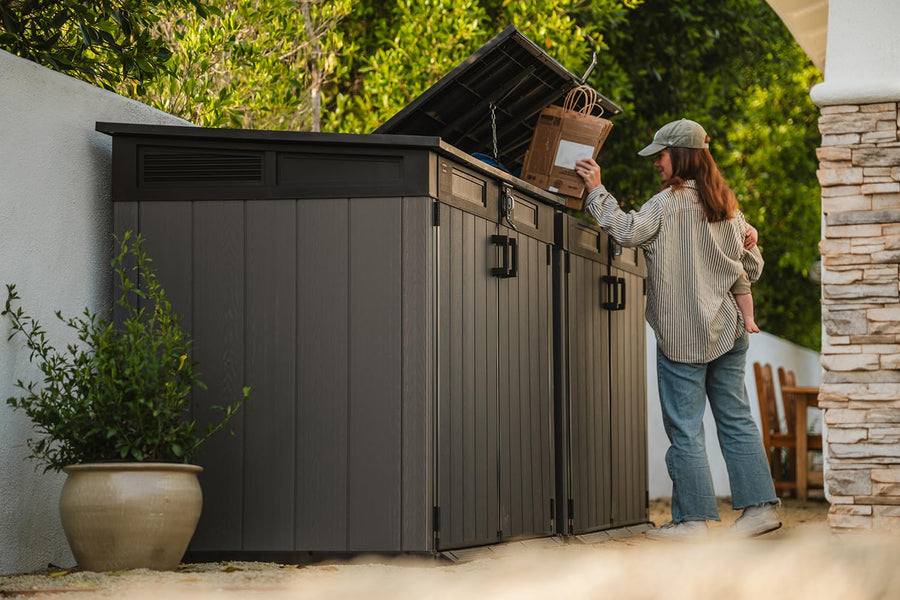 Cortina Mega Keter Ft All-Weather Outdoor Resin Horizontal Storage Shed for Outdoor Yard and Garbage Bin Storage with Lockable Doors, Graphite