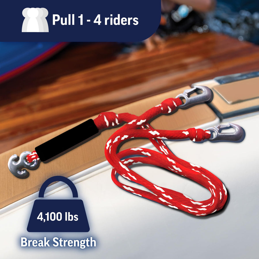 WOW World of Watersports Heavy Duty Red/White 1 2 3 or 4 Person 4K Tow Harness Rope for Boating, 11-3030