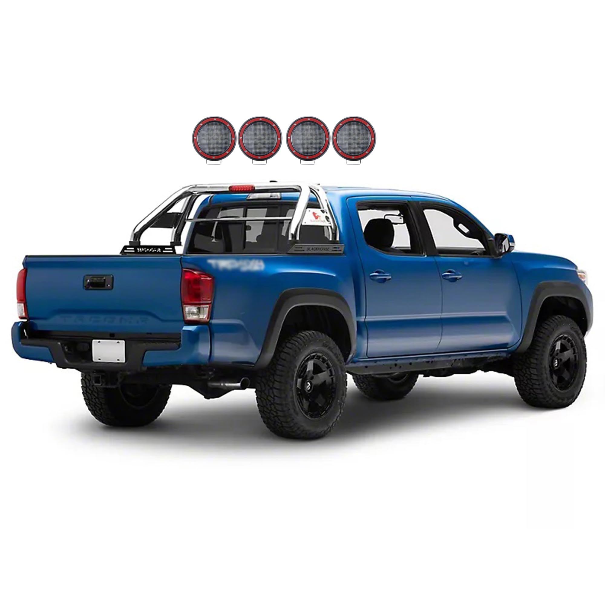 Classic Black Horse Roll Bar Incl. Set of 5.3" Dia.Led Lights w/Red Trim Rings Stainless Steel Compatible with 2005-2021 Nissan Frontier-RB007SS-PLFR