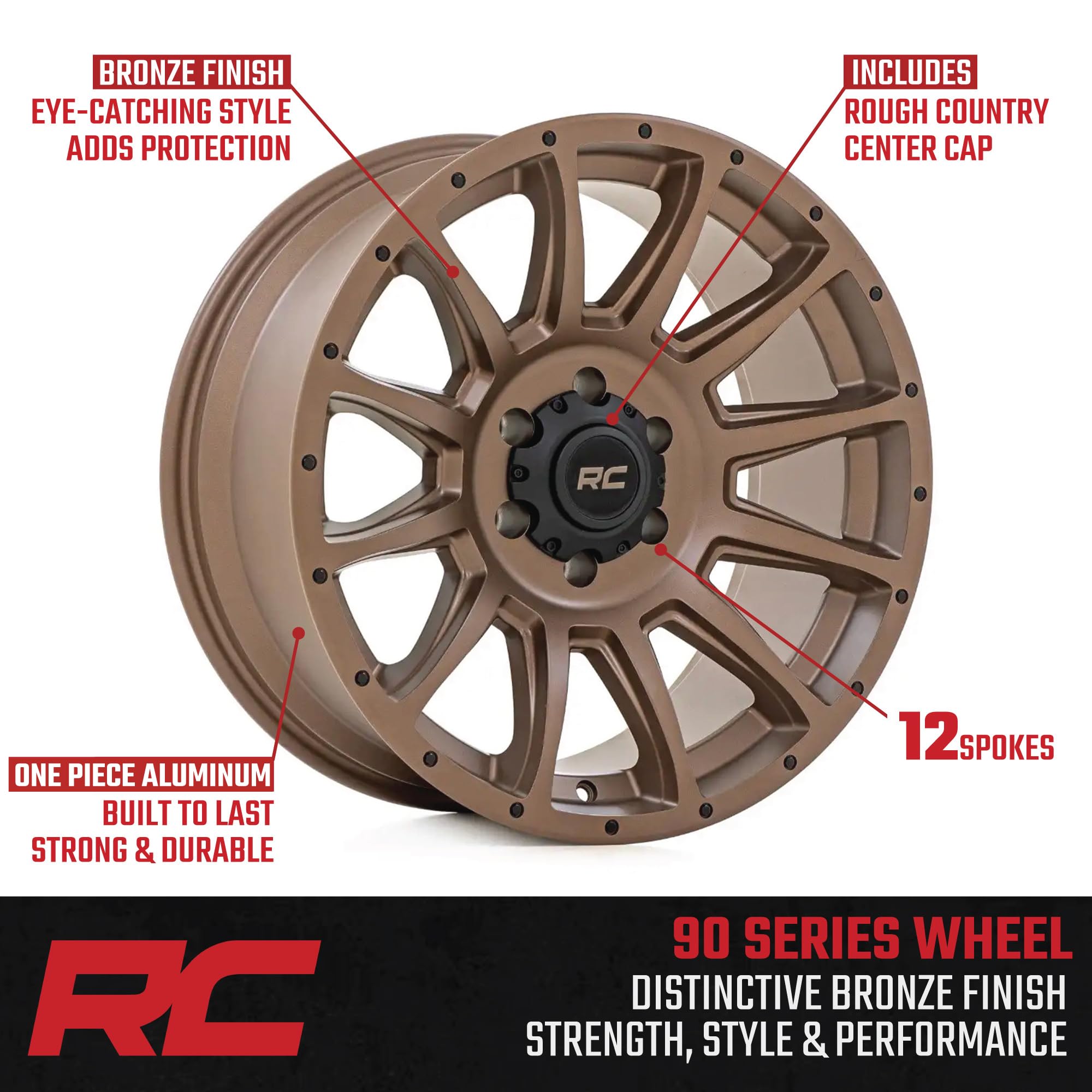 90 Series Rough Country One-Piece 18x9 | 8x6.5 | -12mm-90181210 Bronze with Black Accent Bolts Wheel (18 x 9. inches /8 x 6 inches, -12 mm Offset)