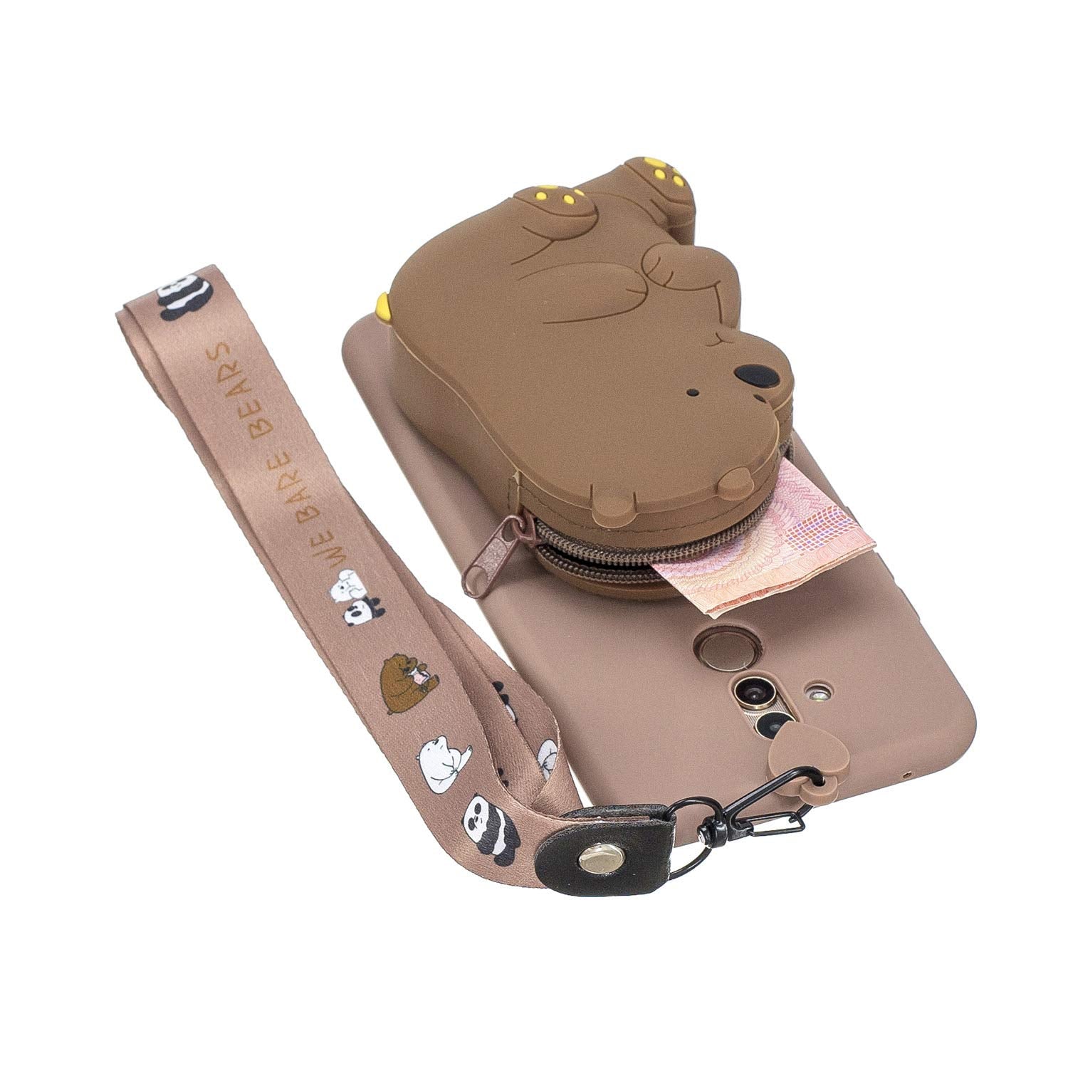 Gostyle CSF RADIATOR Wallet Case Compatible with Huawei Mate 20 Lite,Cute 3D Cartoon Animal Soft Silicone TPU Back Cover with Zipper Pocket and Neck Lanyard Strap Protective Cover,Brown Bear