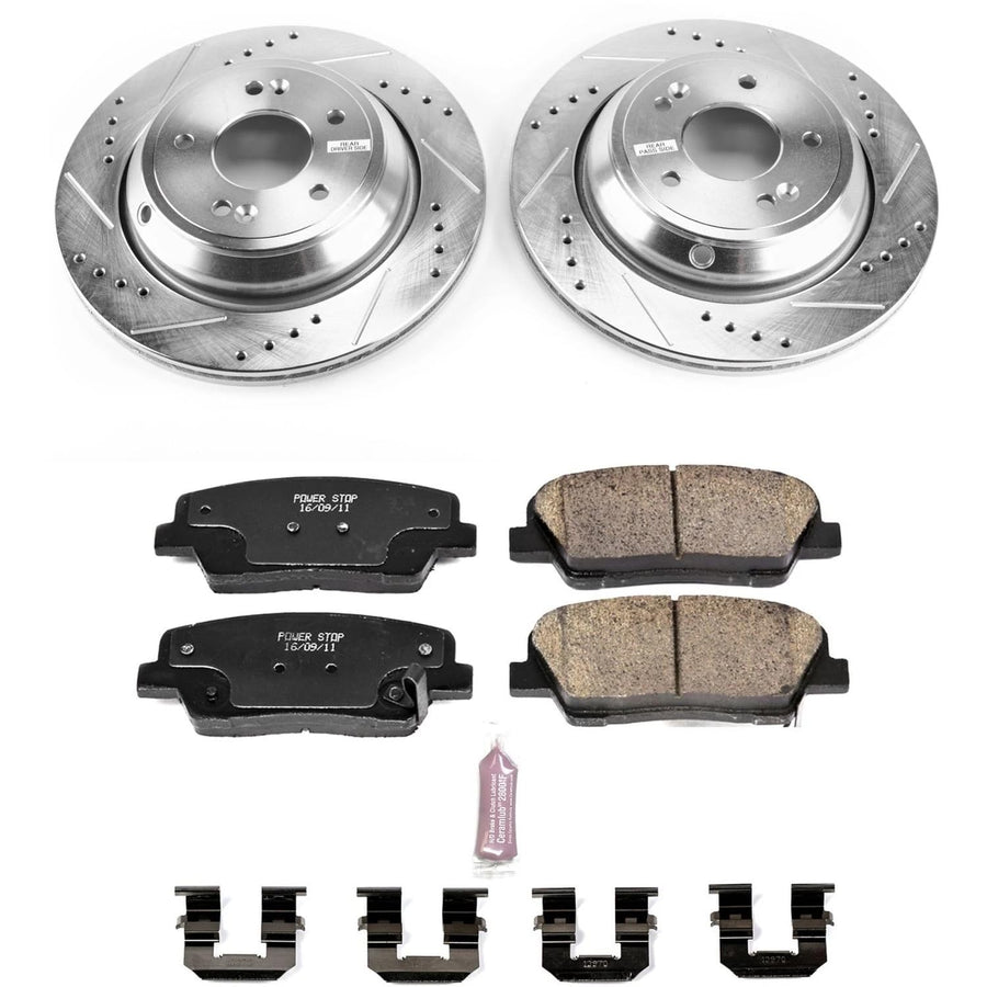 Rear Power Stop K7341 Z23 Carbon Fiber Brake Pads with Drilled & Slotted Brake Rotors Kit For Hyundai Equus 2011-2016, Kia K900 2015-2017 [Model Specific]