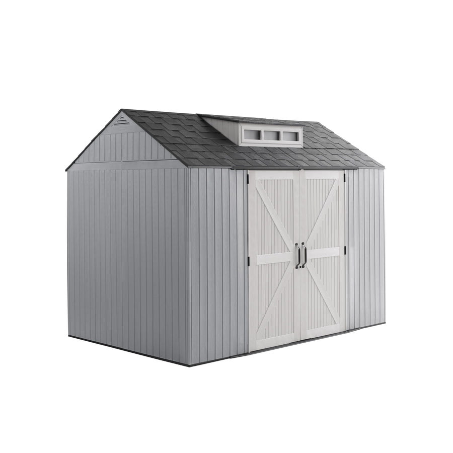 Rubbermaid Outdoor Extra Large Resin Storage Shed With Floor (7 x 10 Ft.), Weather Resistant, Brown, Organization for Home/Lawn Mower/Backyard Equipment/Bike Storage/Pool Supplies