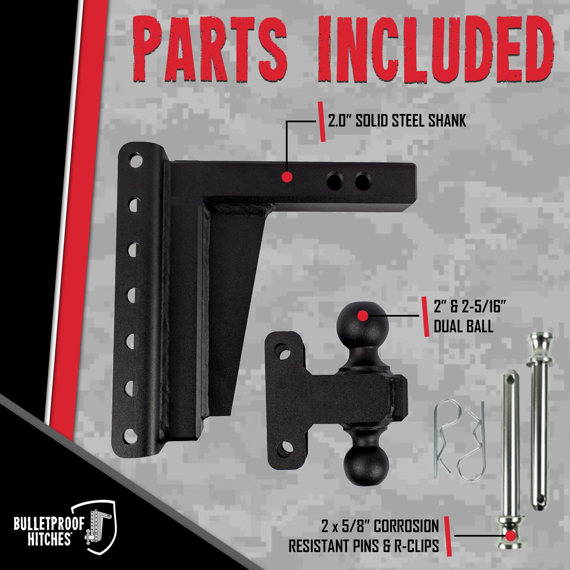 2.0" BulletProof Hitches Adjustable Extreme Duty Trailer Hitch (30,000 lb. Rating) - 8" Drop/Rise with 2" and 2 5/16" Dual Ball - Powder Coat, Solid Steel, Corrosion-Resistant