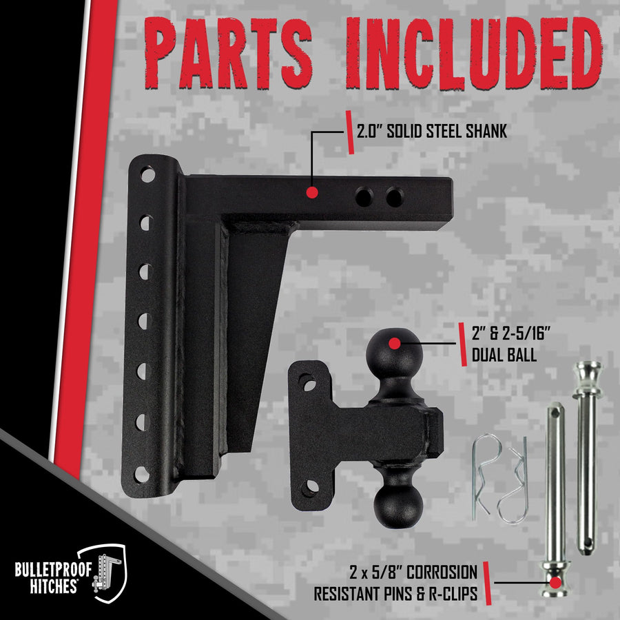 2.0" BulletProof Hitches Adjustable Extreme Duty Trailer Hitch (30,000 lb. Rating) - 8" Drop/Rise with 2" and 2 5/16" Dual Ball - Powder Coat, Solid Steel, Corrosion-Resistant