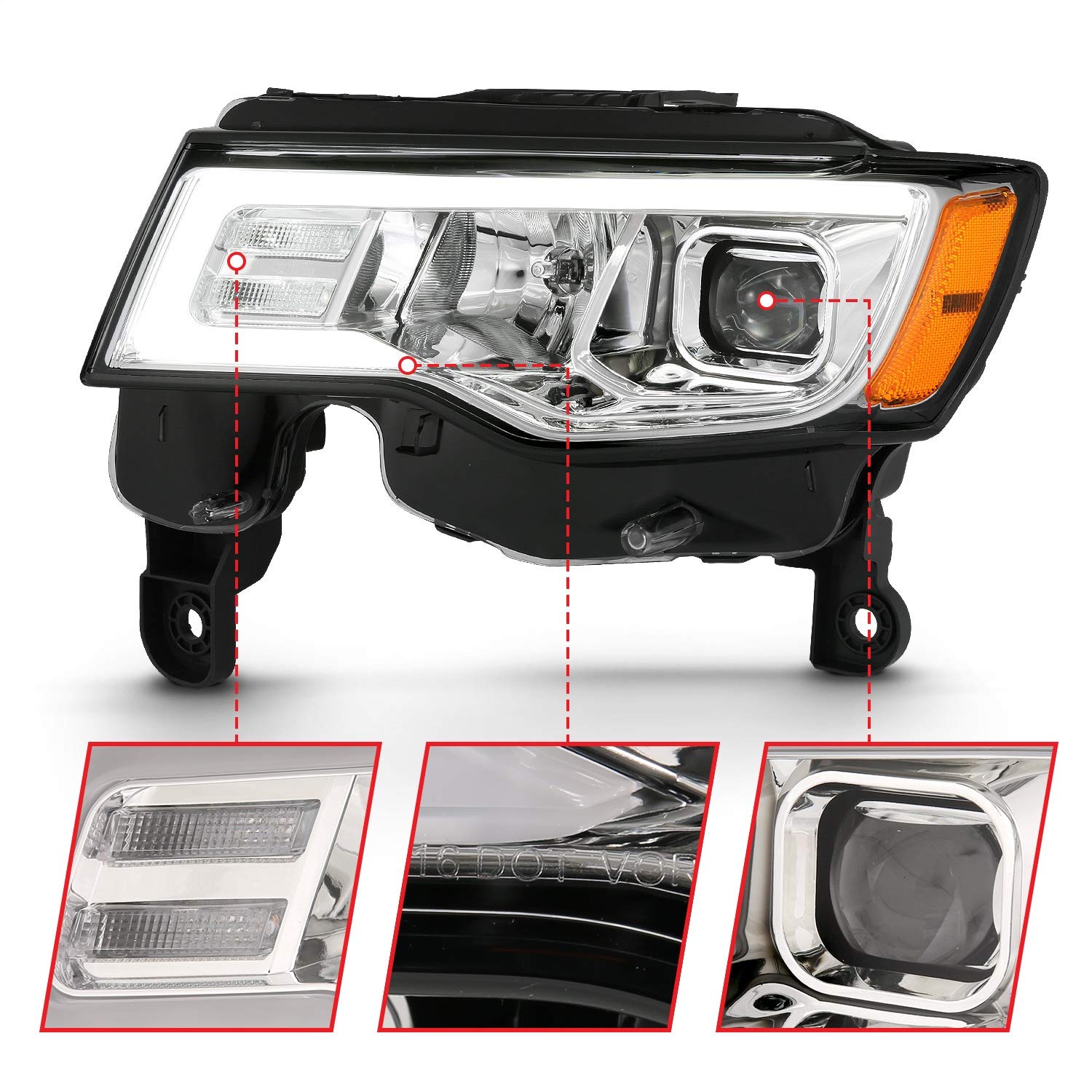 2017-2018 Jeep Grand Cherokee ANZO (111419) Projector Headlights w/Plank Style Switchback - Chrome w/Amber