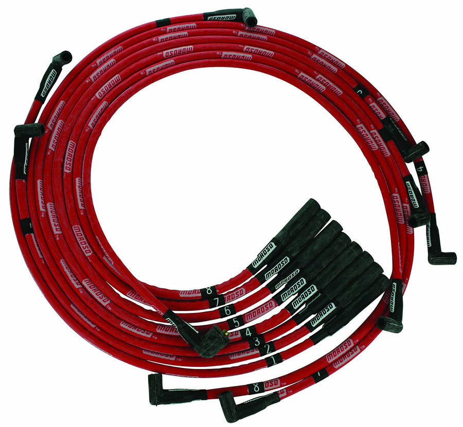 Moroso Ultra Series Red Sleeved Spark Plug Wires, Mopar Chrysler 361/383/400/440, HEI Distributor, Straight Plug Ends