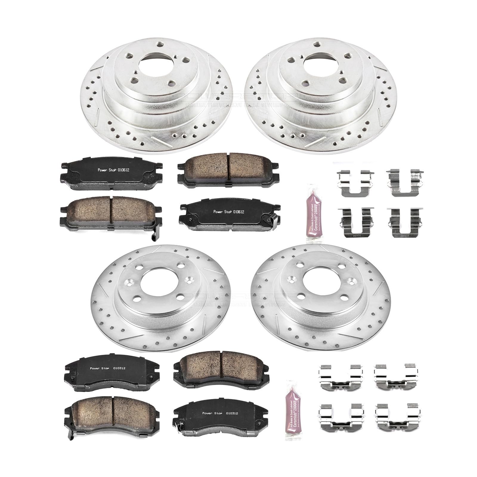 Power Stop K444 Brake Kit Front and Rear with Drilled Slotted Brake Rotors and Z23 Evolution Ceramic Brake Pads For 1993-1996 Subaru Impreza | 1990-1996 Subaru Legacy [Application Specific]